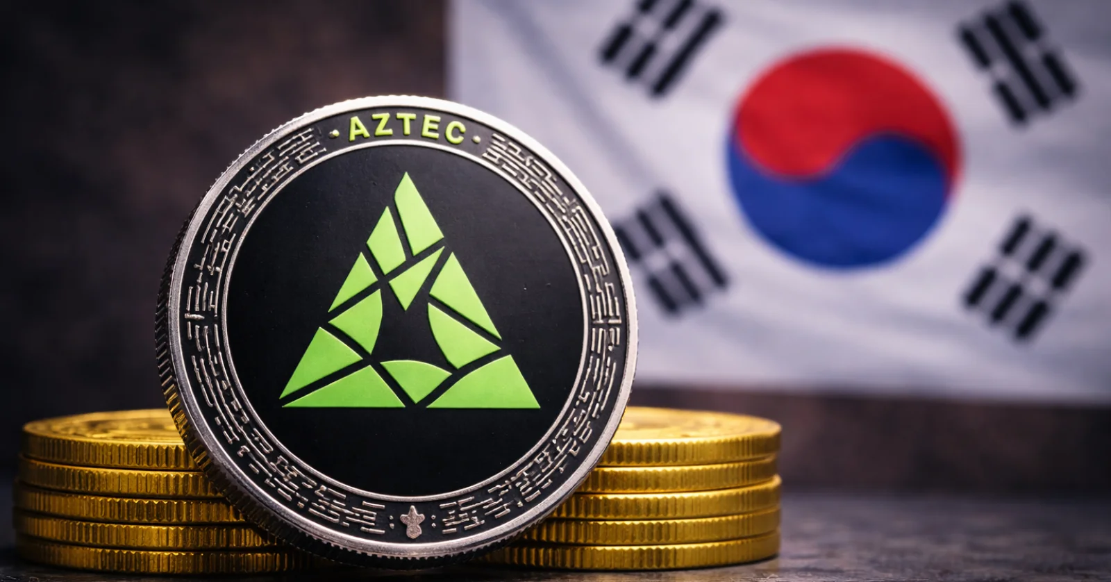 Aztec cryptocurrency token displayed in a neutral editorial setting with a South Korean flag in the background, reflecting KRW exchange listing activity