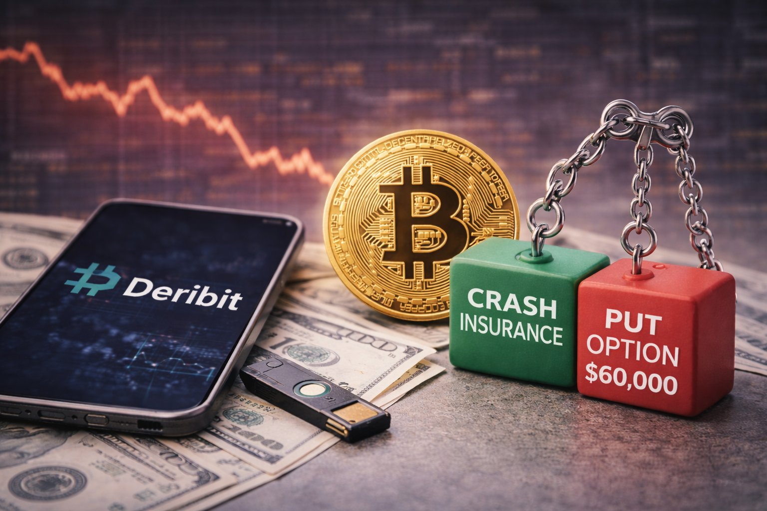 Bitcoin coin on U.S. dollar bills beside a trading phone screen and a security key, with symbolic blocks and a muted downward market line suggesting demand for downside protection around the $60,000 level