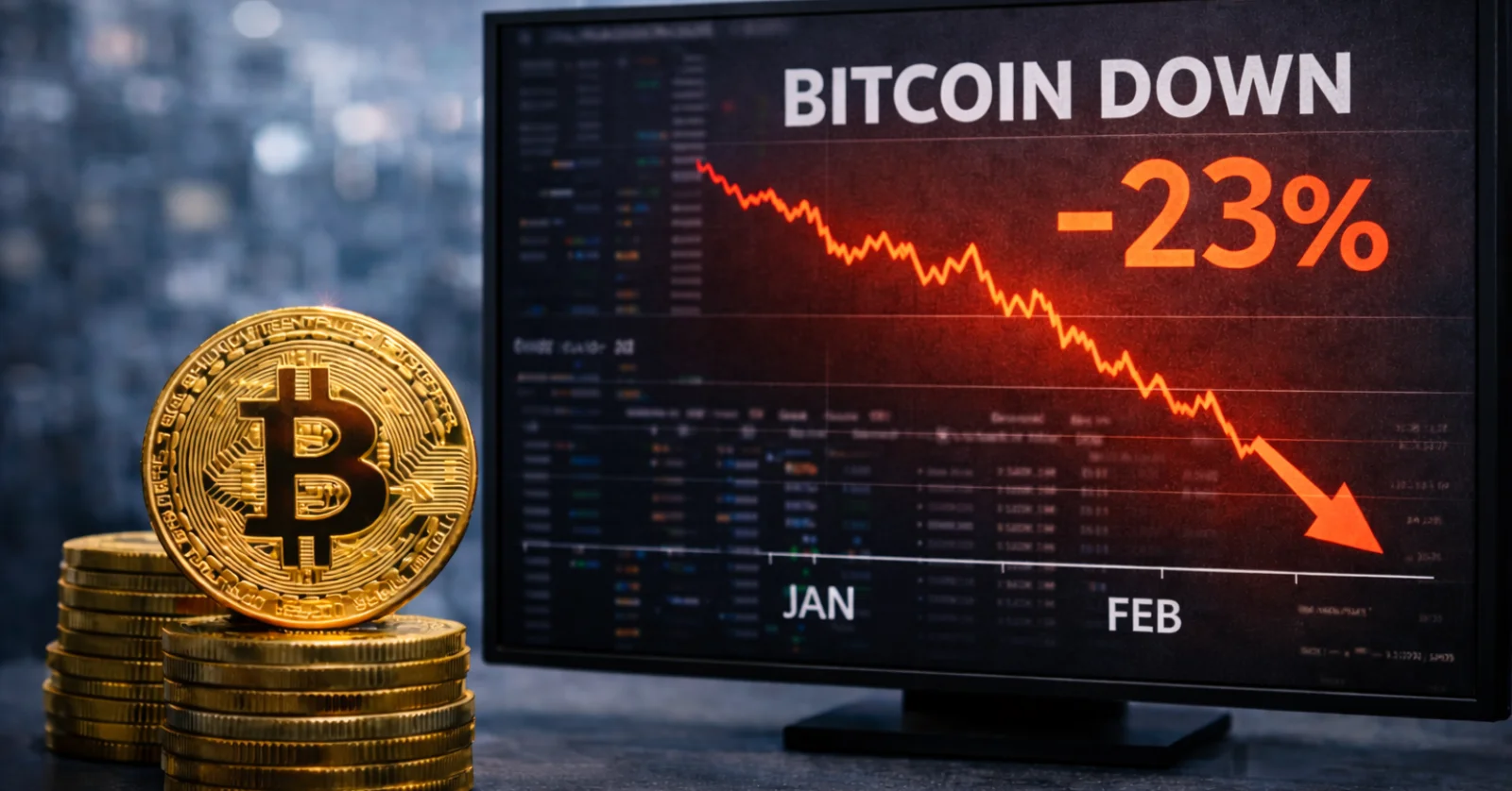 Editorial image showing physical Bitcoin token in front of a financial workstation screen highlighting market weakness and a sustained downward trend