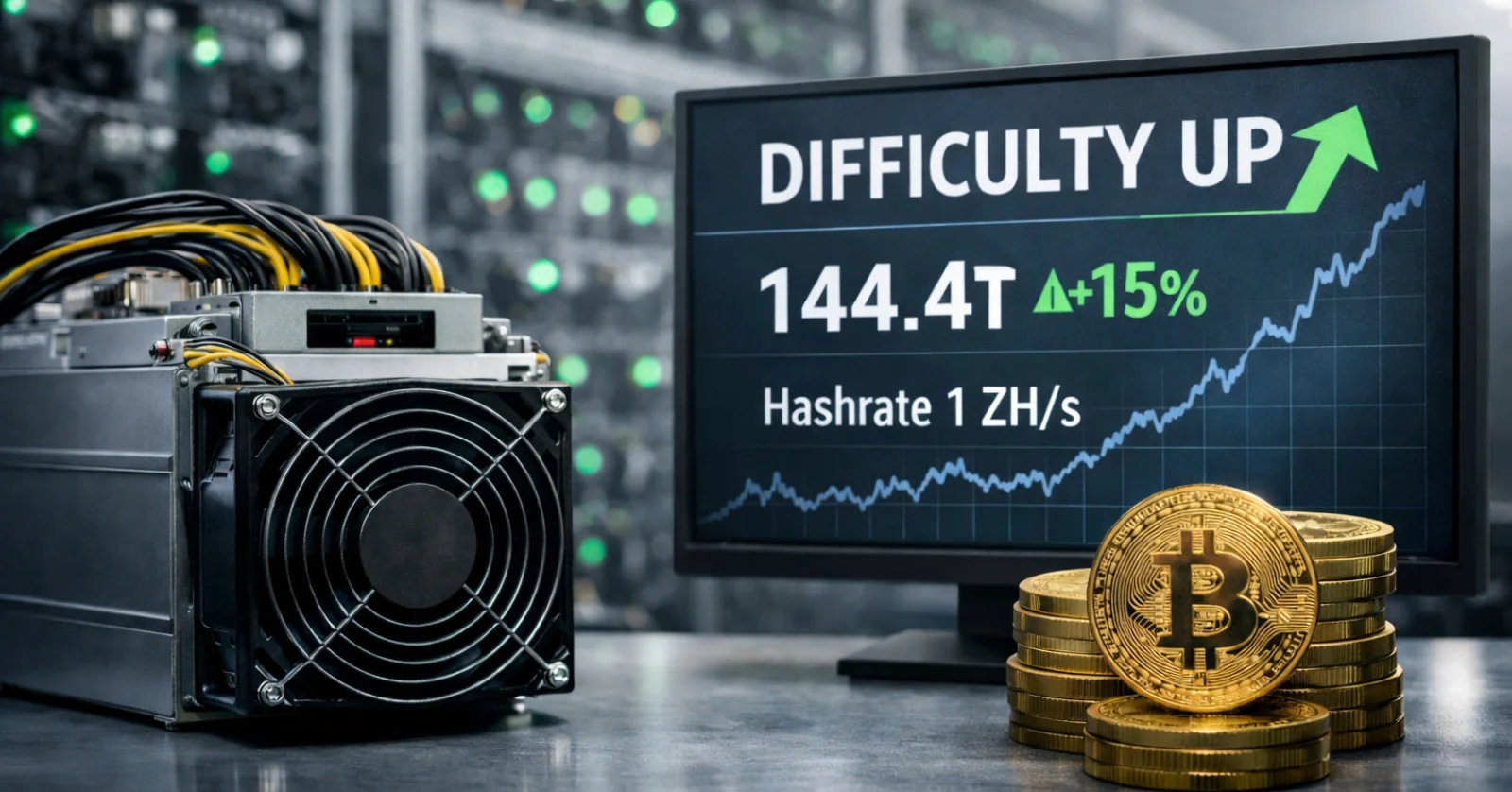 Bitcoin mining facility with ASIC hardware and monitoring screen showing rising network difficulty and hashrate near 1 ZH/s