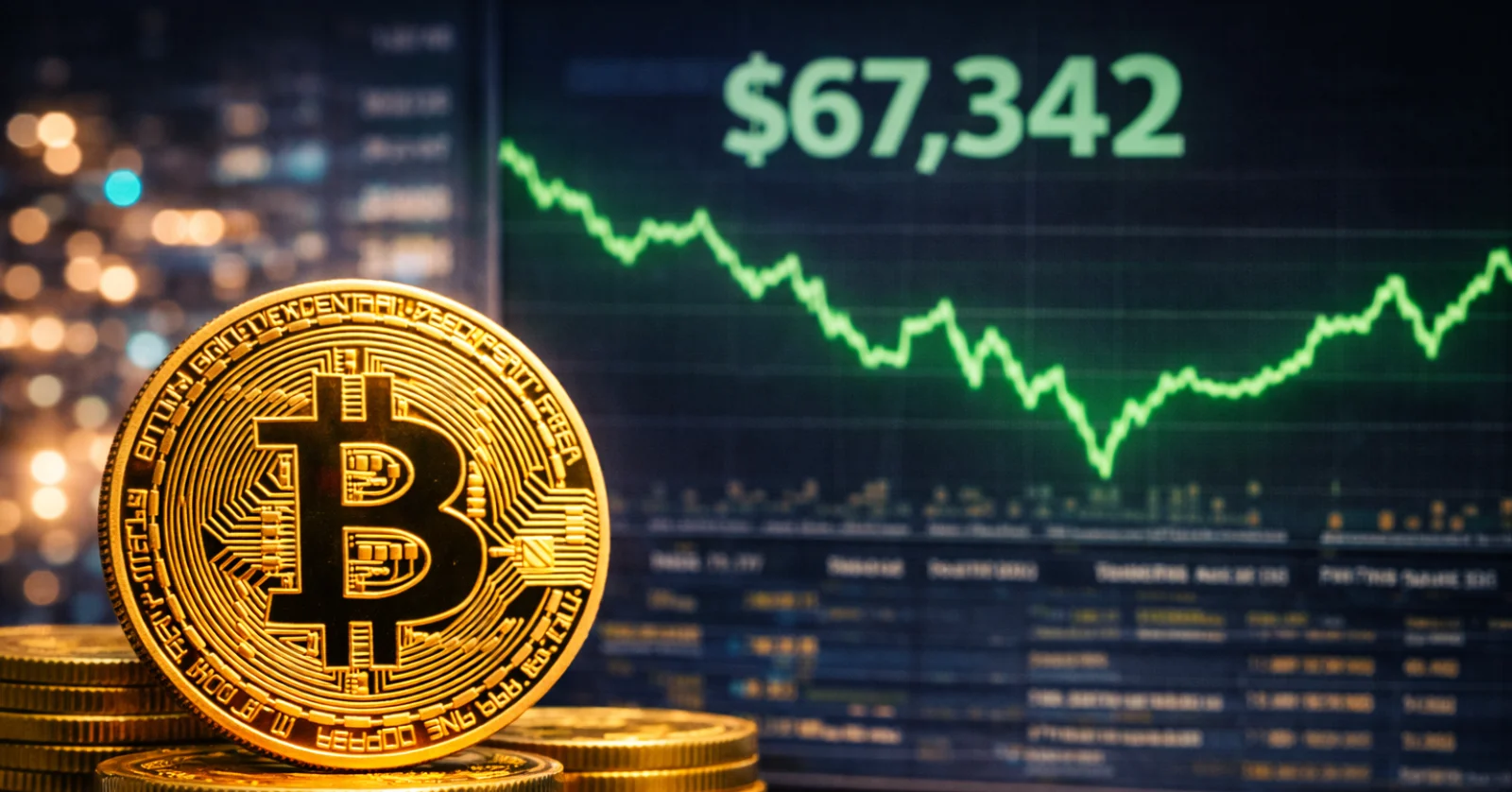 Bitcoin token positioned in a professional trading desk environment with a green market monitor in the background, reflecting cautious optimism in crypto markets