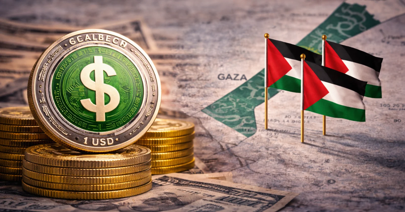 Neutral editorial image showing a generic dollar-pegged stablecoin symbol placed over a Gaza map with Palestinian flags, representing discussions around digital payment infrastructure