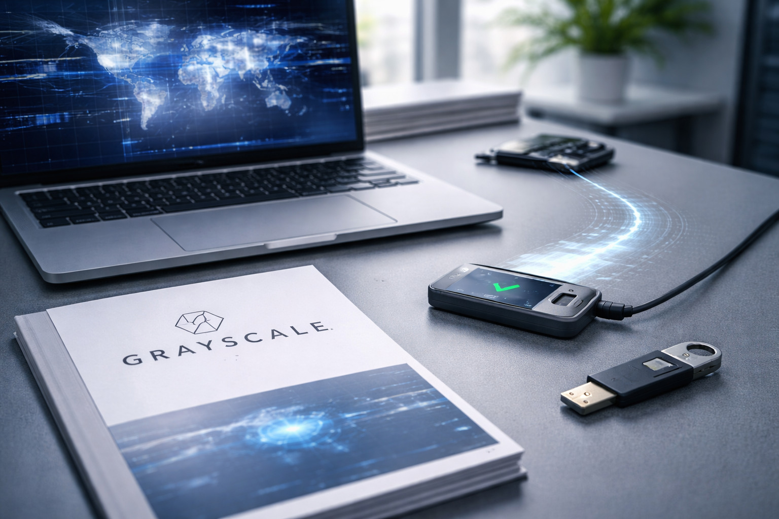 Grayscale research report on a financial desk beside a laptop and secure hardware wallet device, illustrating AI-driven blockchain payment infrastructure