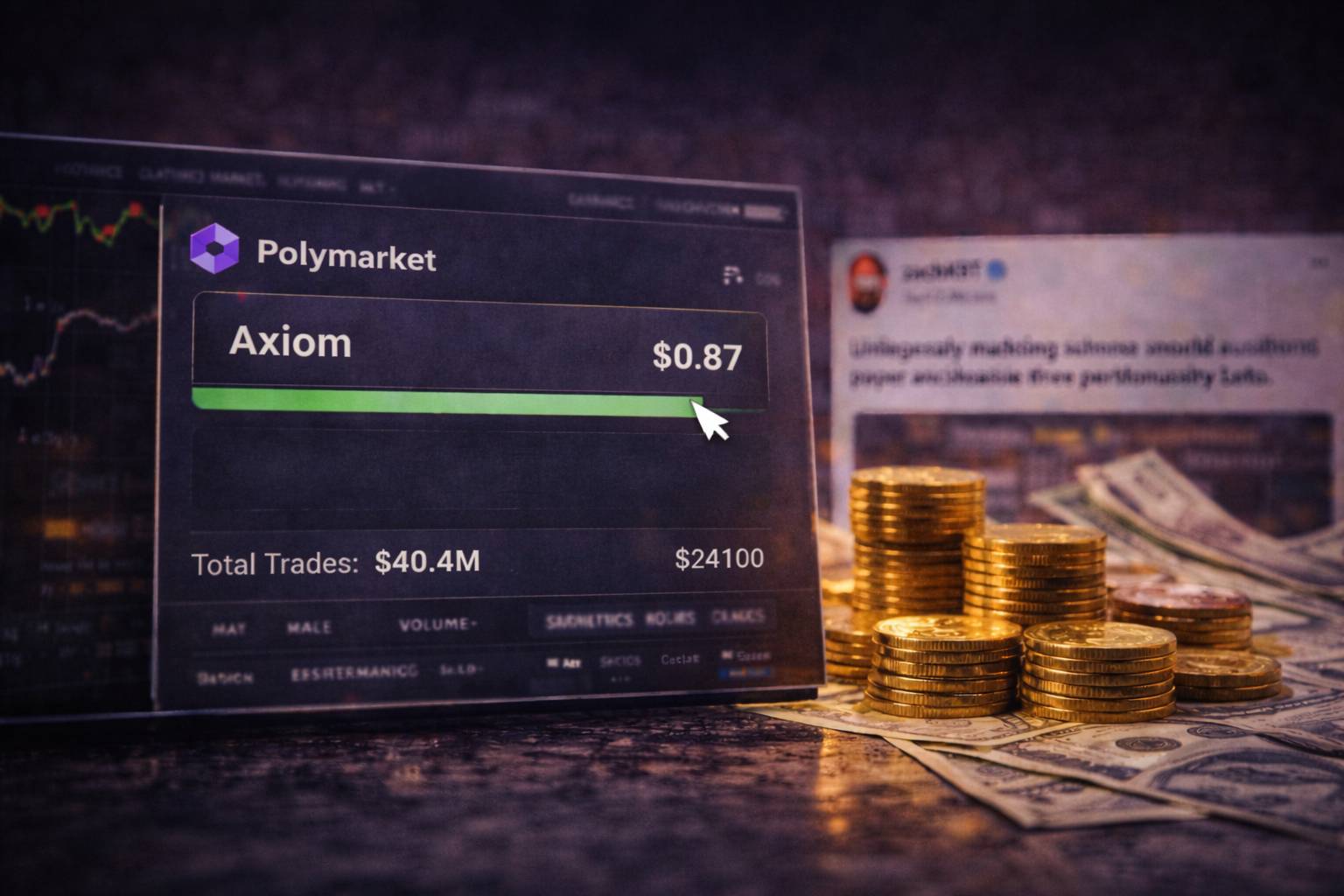 Polymarket-style prediction market interface showing a single highlighted outcome with cash and coin stacks in the foreground, suggesting suspicious pre-event positioning