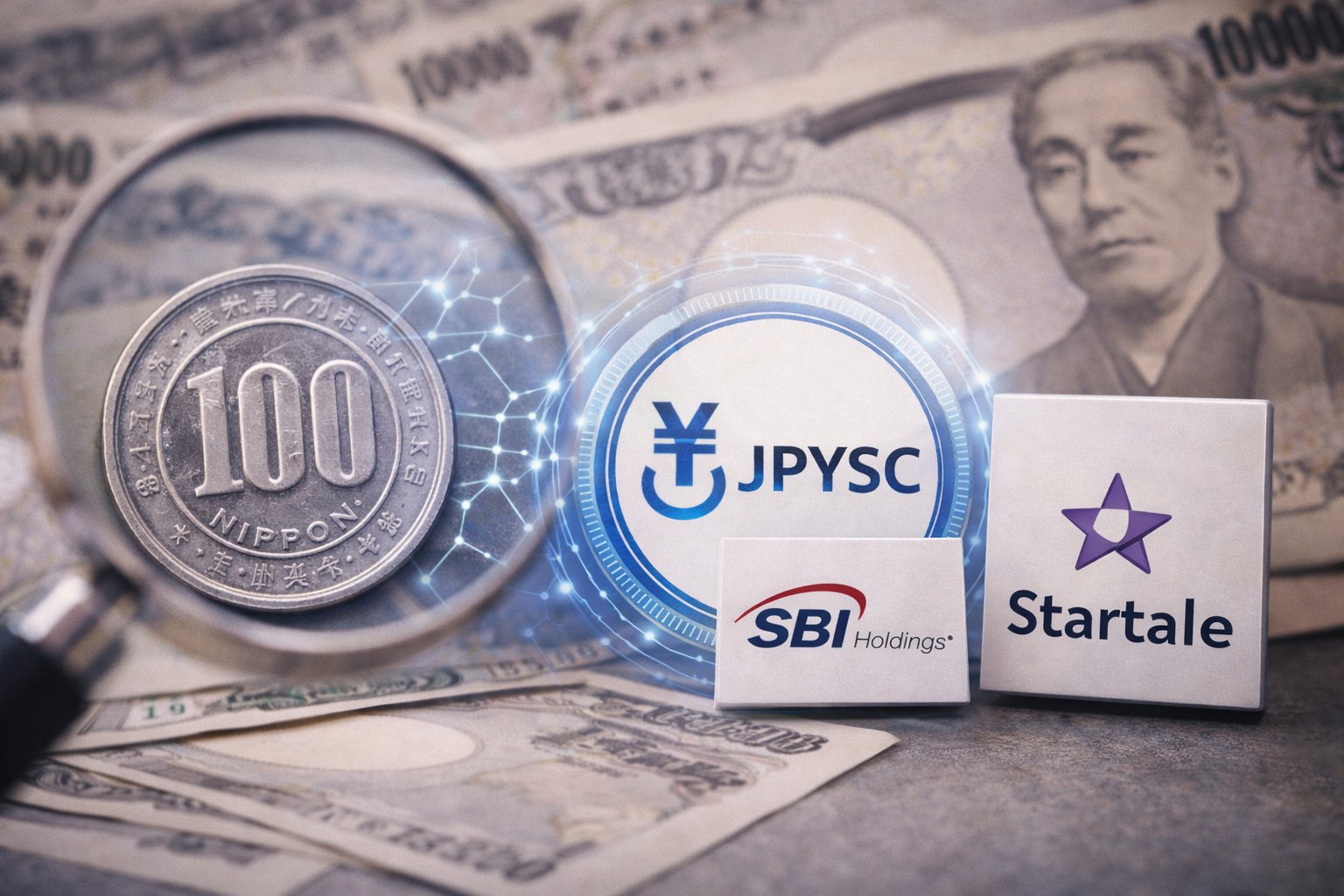 Japanese yen currency imagery with a stablecoin-style token symbol and institutional branding elements, illustrating plans for a regulated yen stablecoin launch
