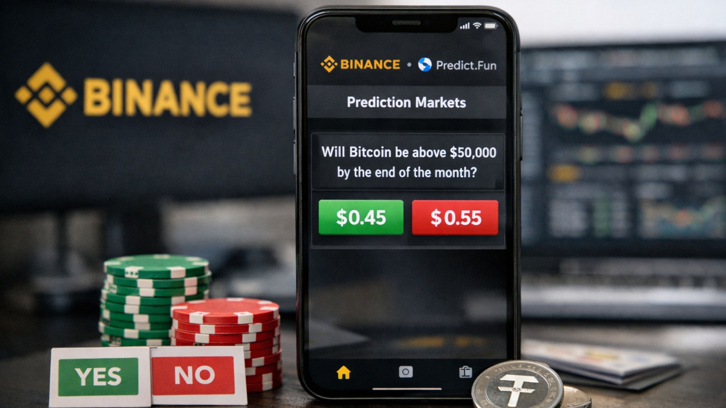 Smartphone displaying Binance Wallet’s prediction markets interface powered by Predict.Fun, with yes/no outcome buttons and trading screens blurred in the background.