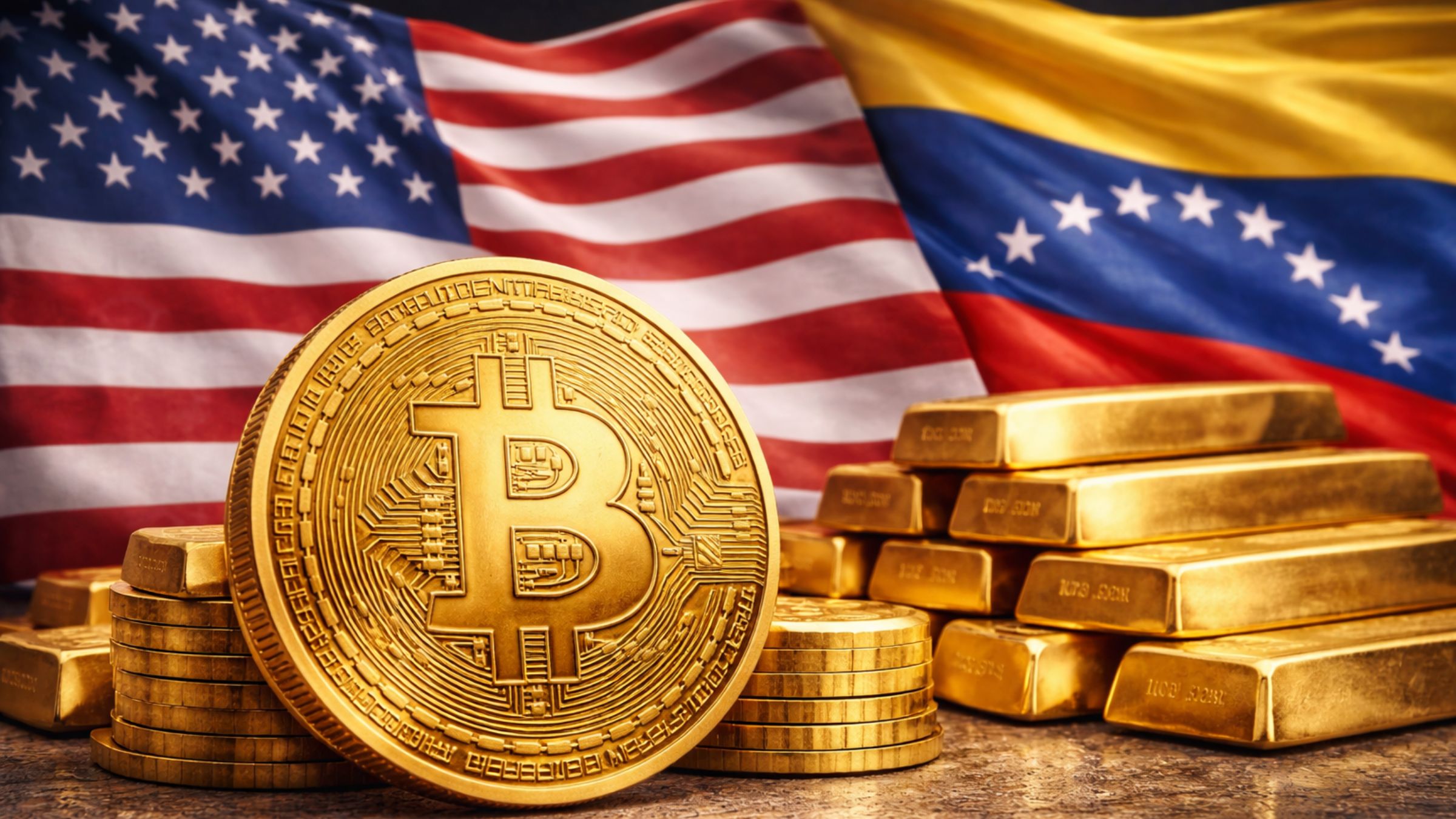 Bitcoin coin and stacked gold bars in the foreground with U.S. and Venezuelan flags softly blurred behind, illustrating cross-asset reaction to a Venezuela gold supply deal