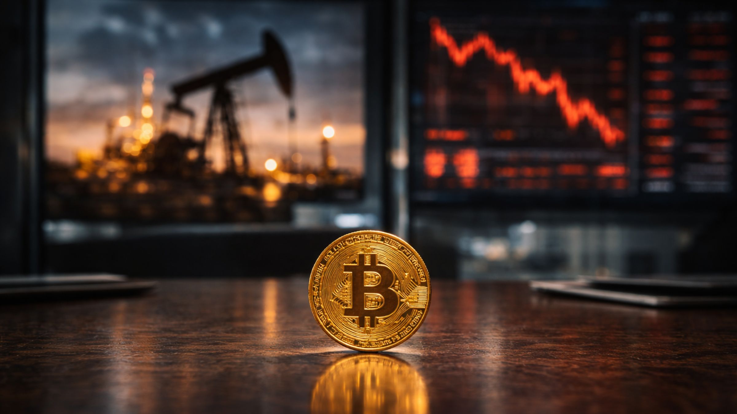 Bitcoin coin on a polished trading desk with blurred oil and stock-market screens in the background, illustrating Bitcoin holding steady as energy prices pressure equities