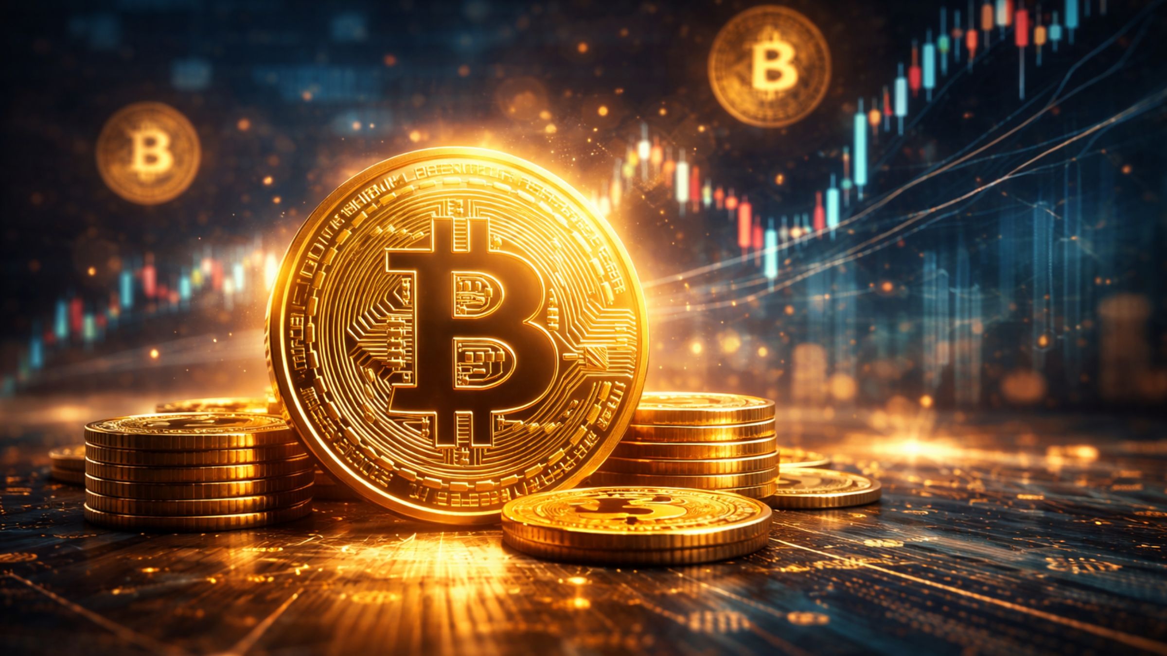 Glowing Bitcoin coin in the foreground against a dark market-themed background with soft trading visuals and smaller coins.
