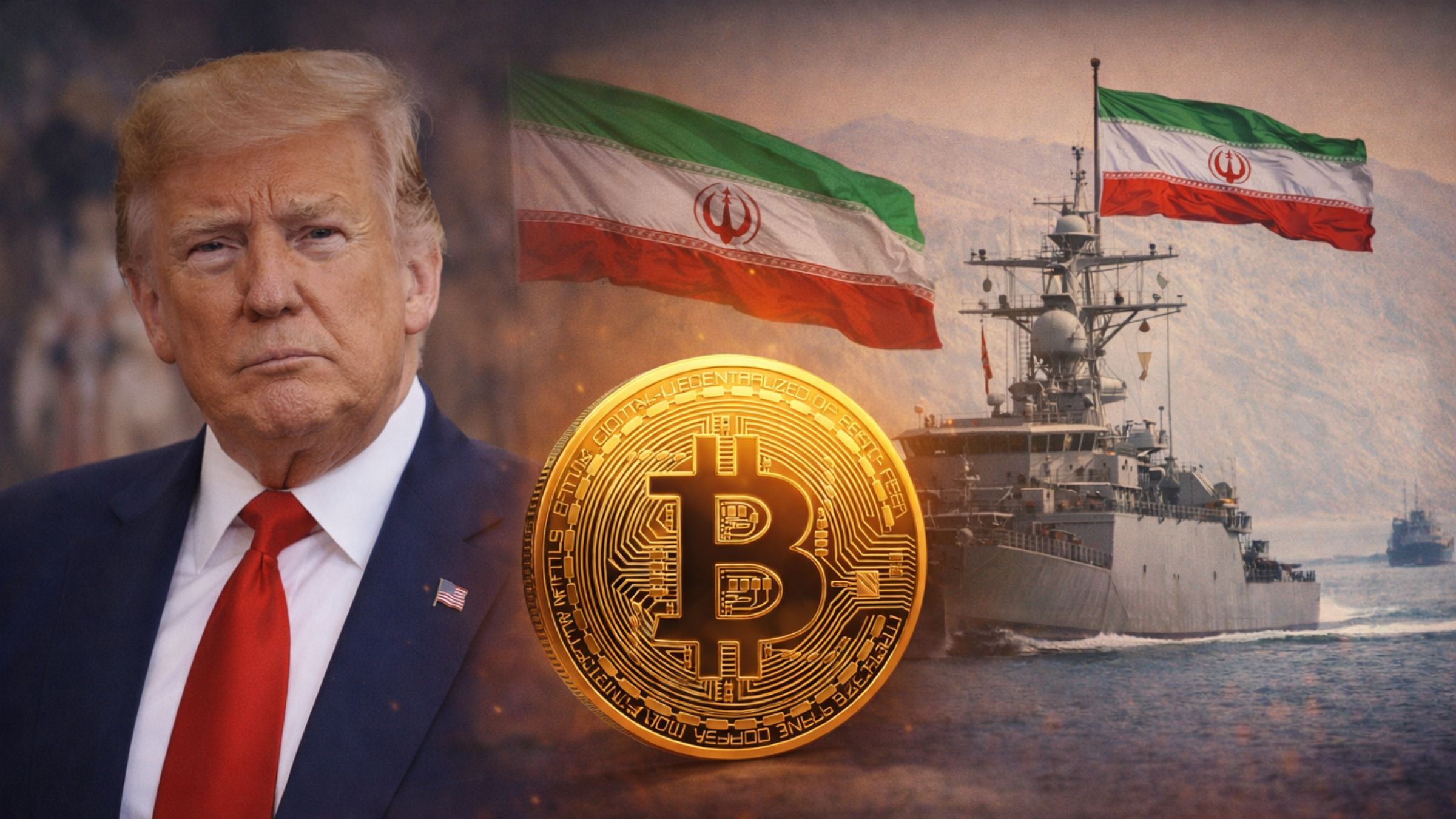 Donald Trump beside a large Bitcoin symbol with an Iranian naval vessel and flags in the background, illustrating how Iran deal talks and Hormuz disruption are affecting crypto markets.