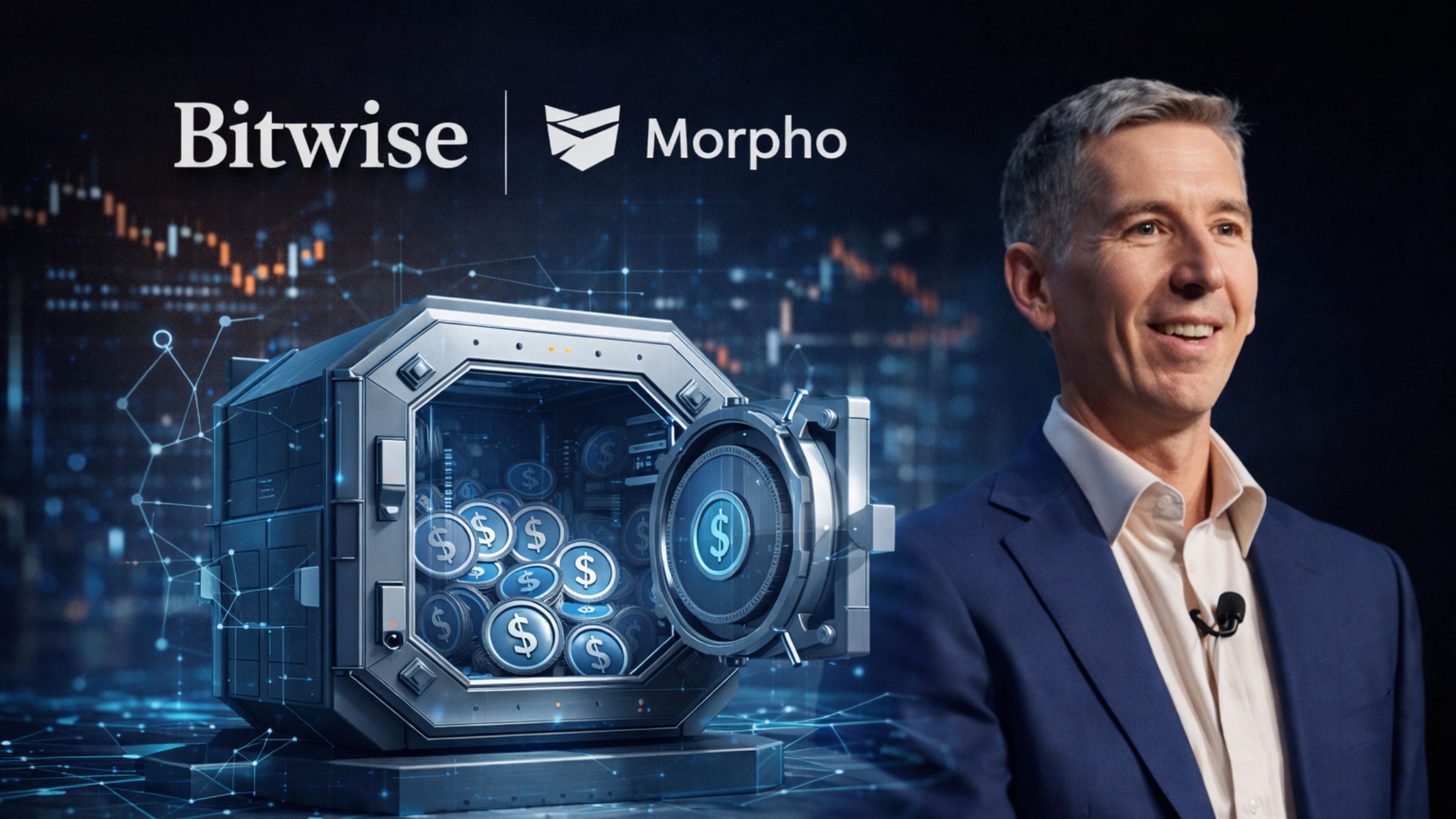 Business executive beside a digital asset vault illustration, representing Bitwise’s push into on-chain vaults through its Morpho stablecoin product.