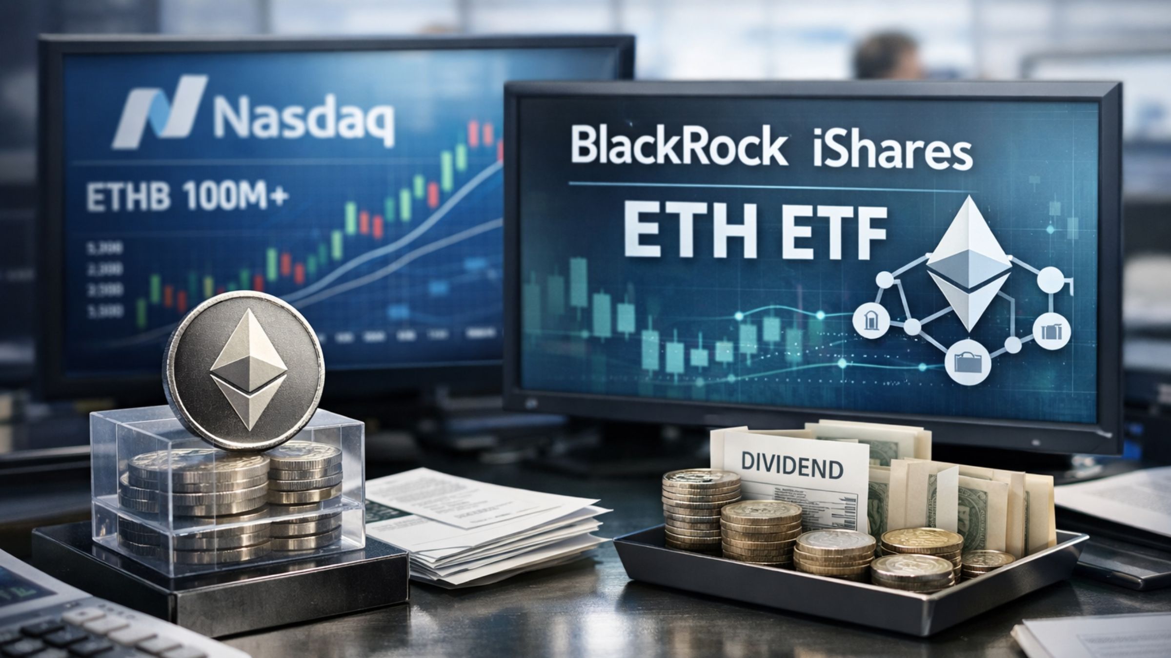 Ethereum coin displayed on a financial desk beside trading monitors showing BlackRock iShares Ethereum ETF market charts and staking income documents.