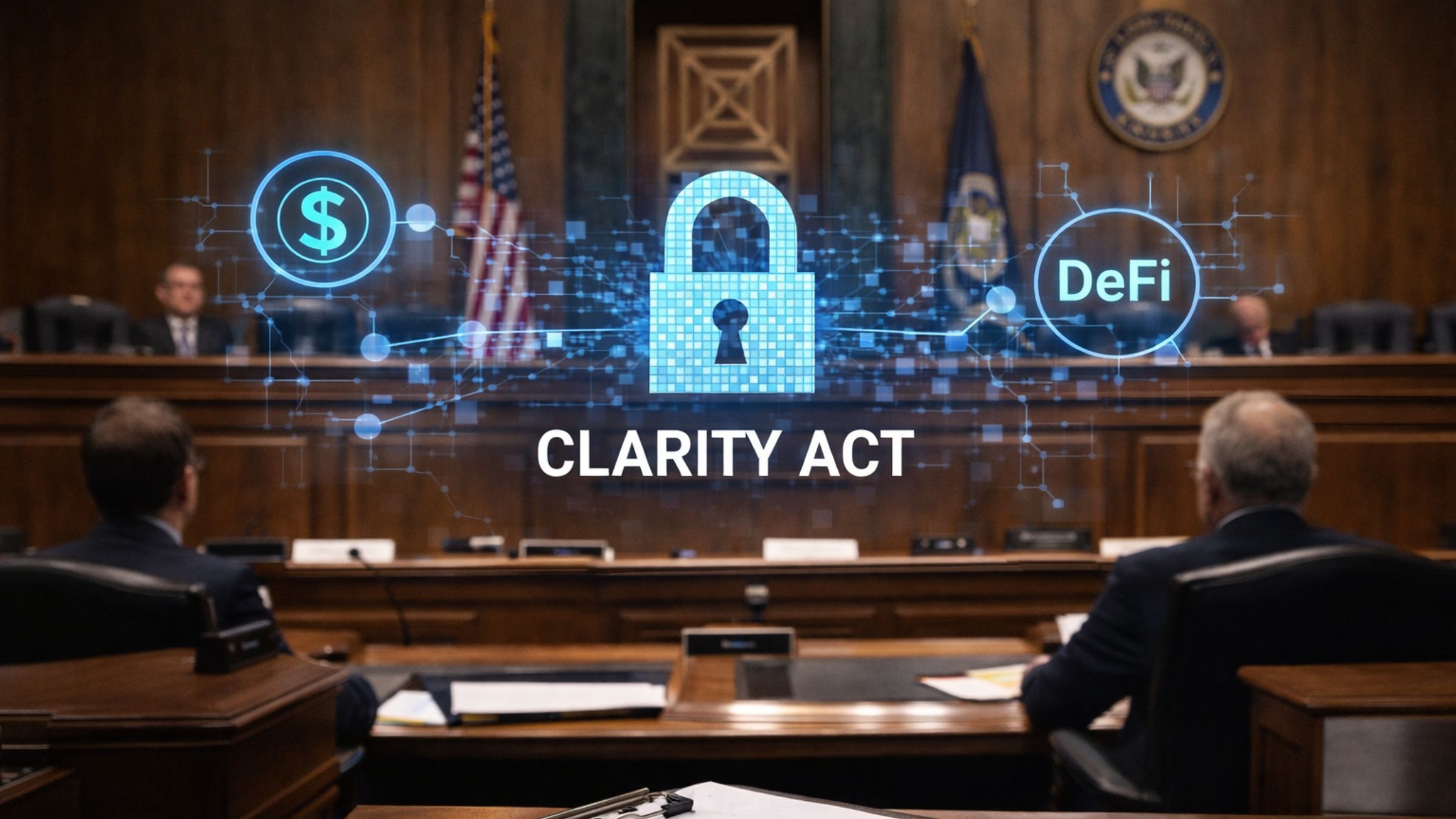 Senate hearing room with lawmakers seated at a committee bench and a document on a desk in the foreground, illustrating ongoing CLARITY Act negotiations over crypto market structure.