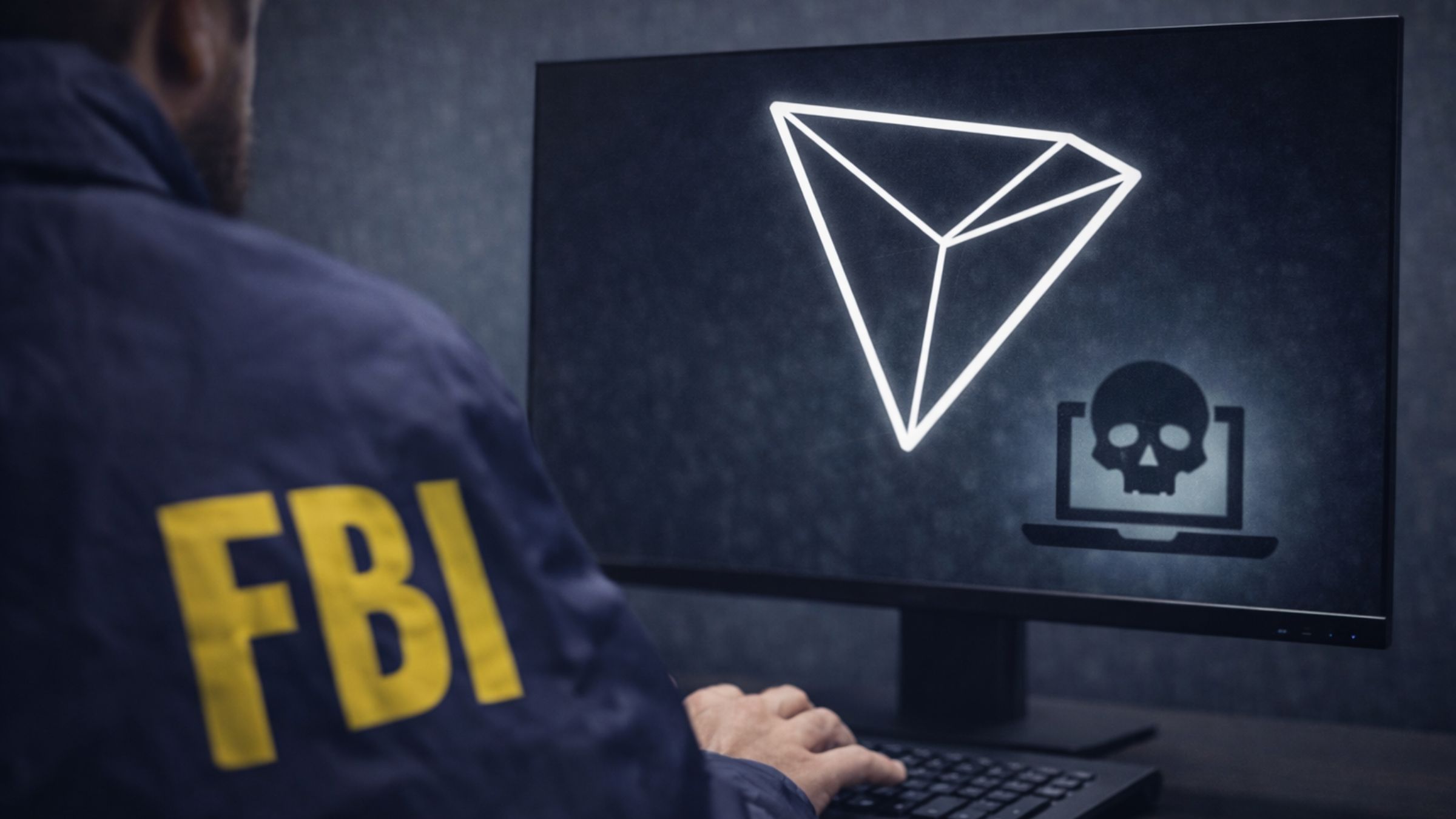 FBI agent at a computer with the Tron logo and a phishing scam warning icon displayed on screen in a dark cyber setting.