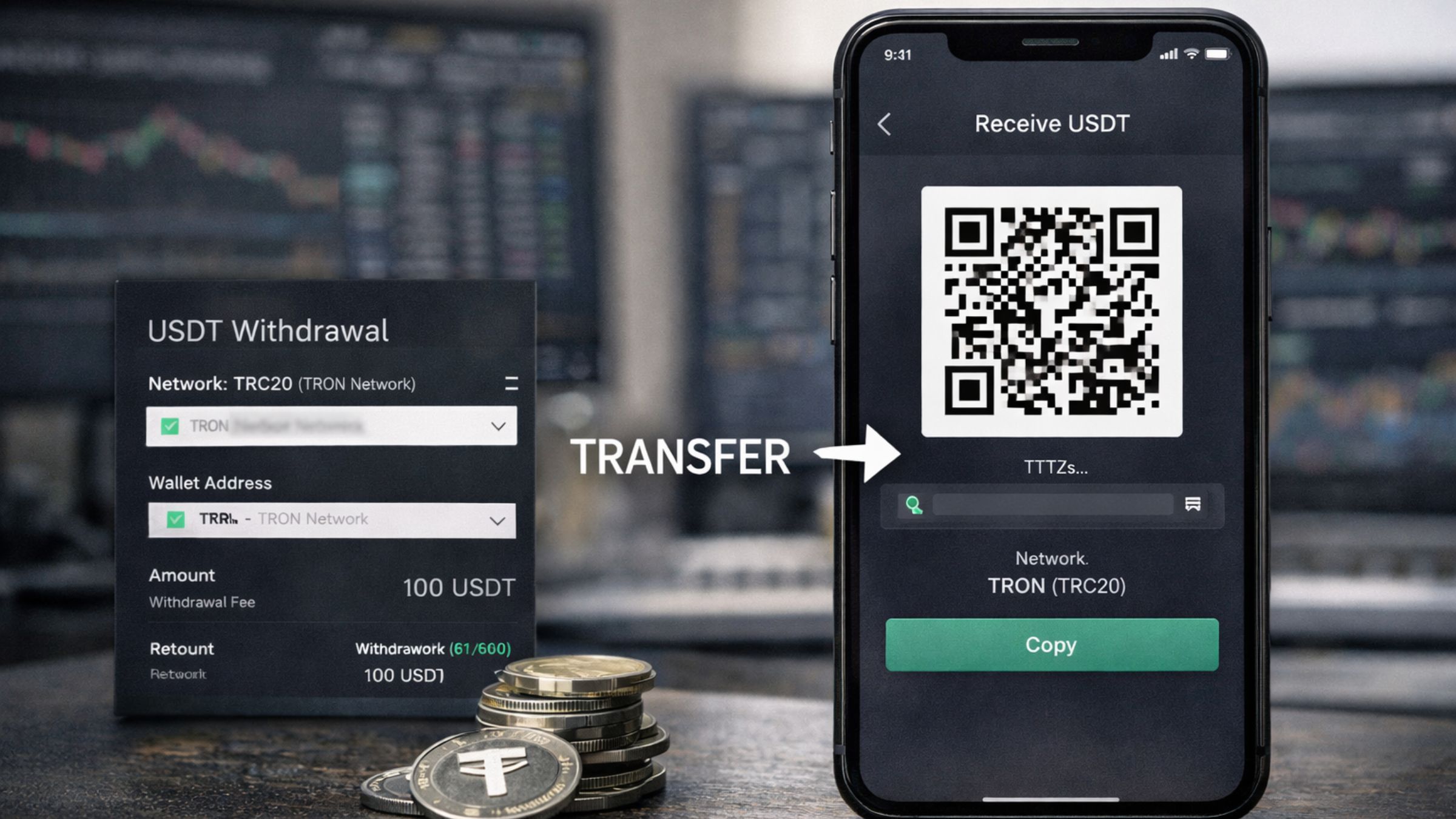Illustration of a USDT withdrawal screen on a crypto exchange next to a mobile wallet receive screen showing TRON network details and a QR code for a wallet transfer.