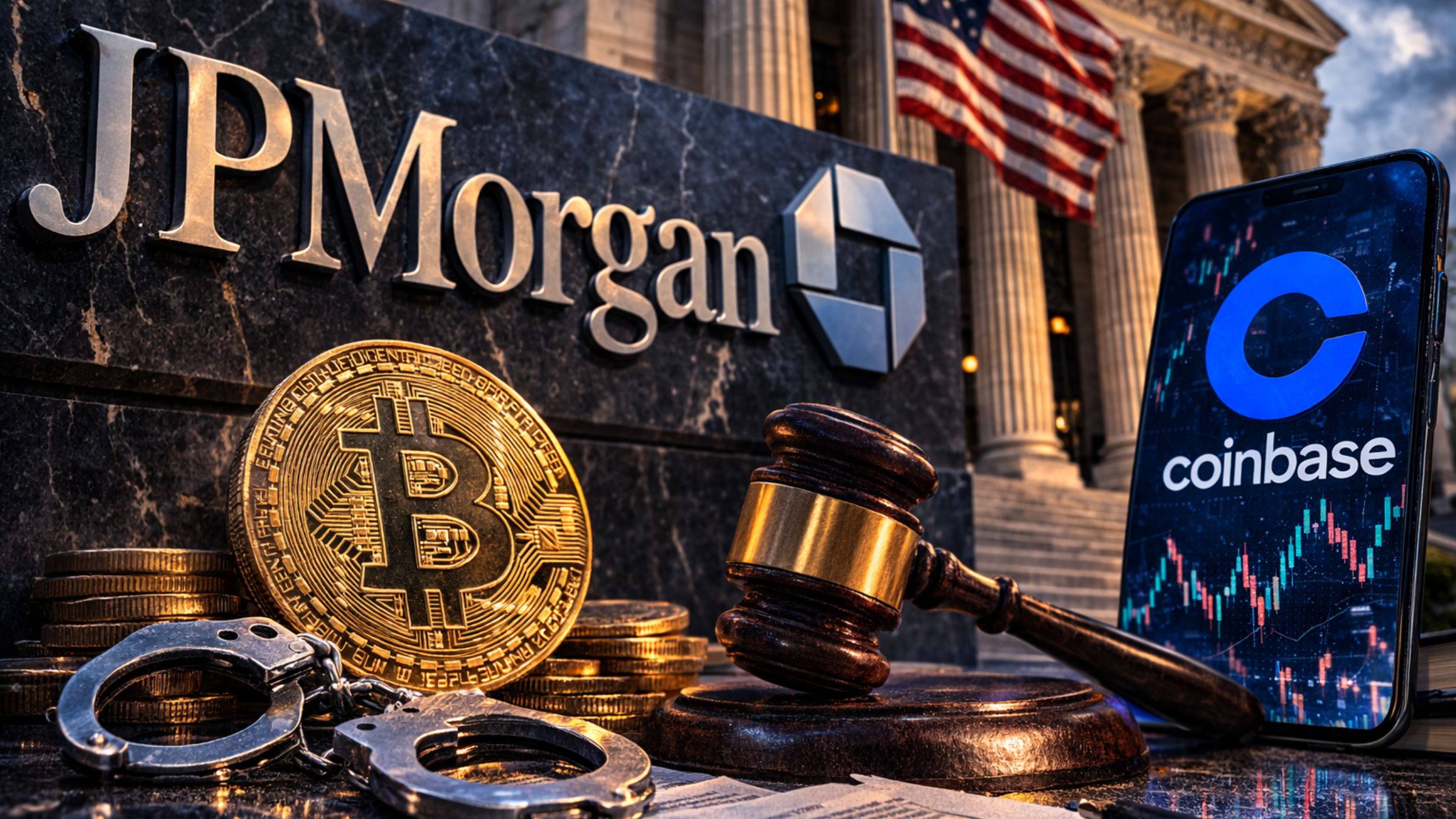 Courthouse exterior with JPMorgan signage, a judge’s gavel, Bitcoin coins, and a digital Coinbase display illustrating a crypto-linked class action case.