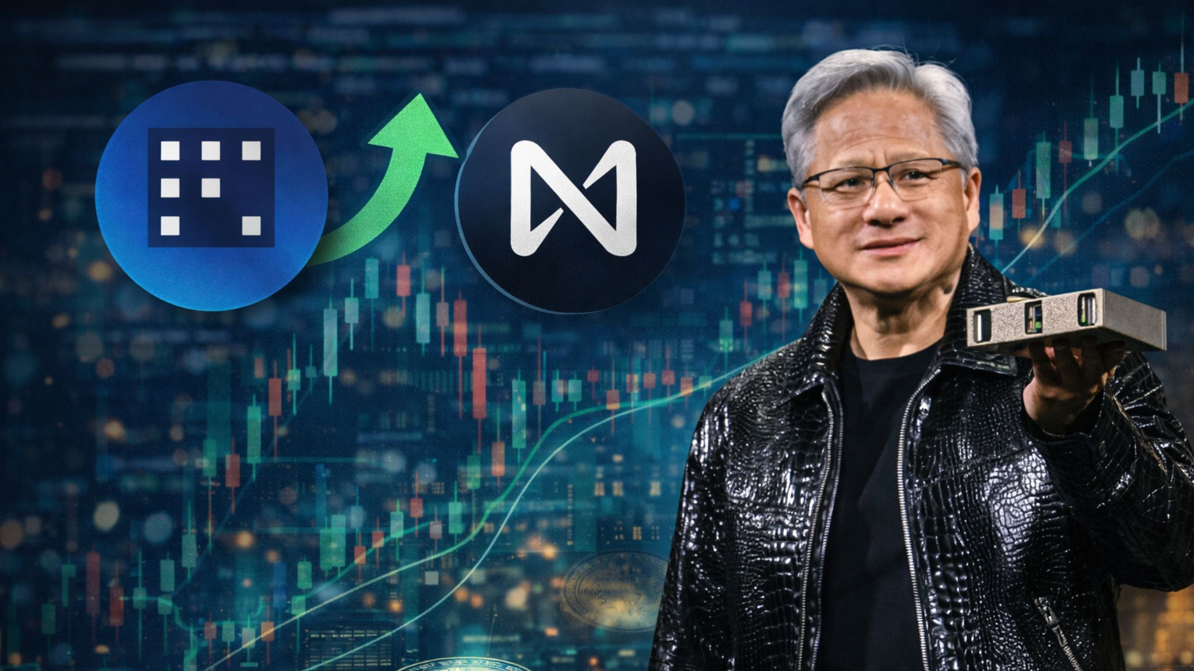 Jensen Huang holding a chip beside AI crypto token logos on a calm blue market background with faint trading chart overlays.