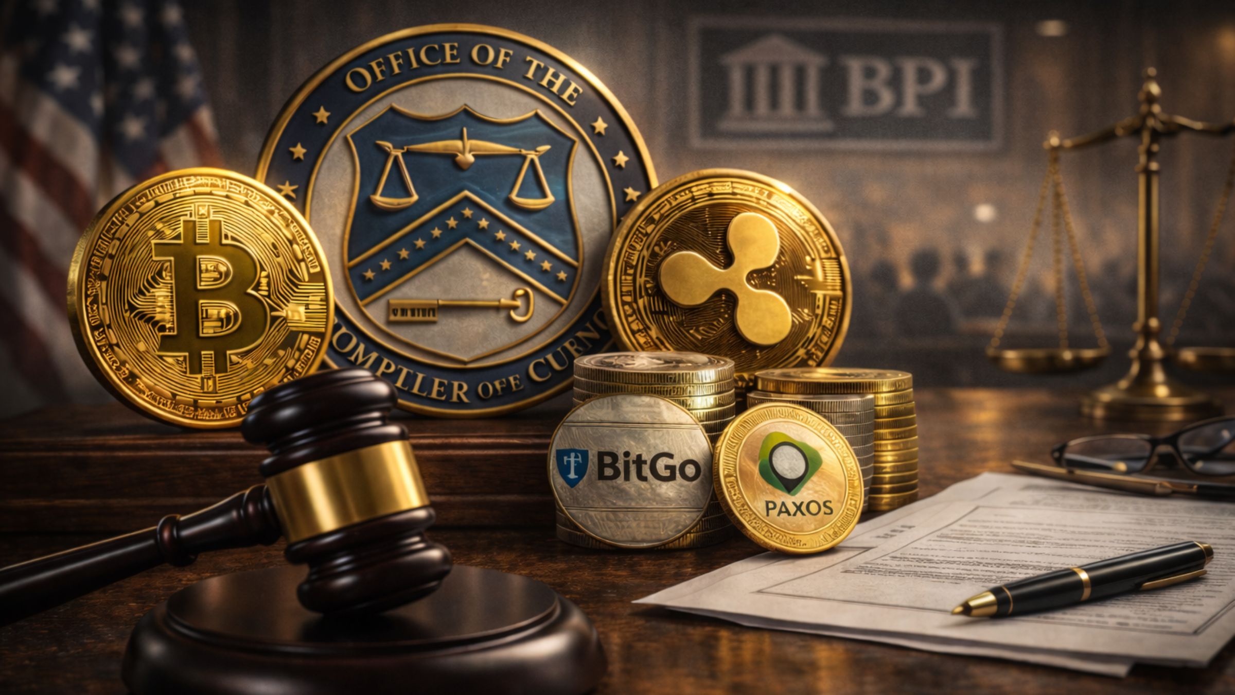 Photorealistic legal-finance scene with an OCC seal, gavel, cryptocurrency coins, and courtroom-style background, illustrating a potential dispute over crypto trust bank charters