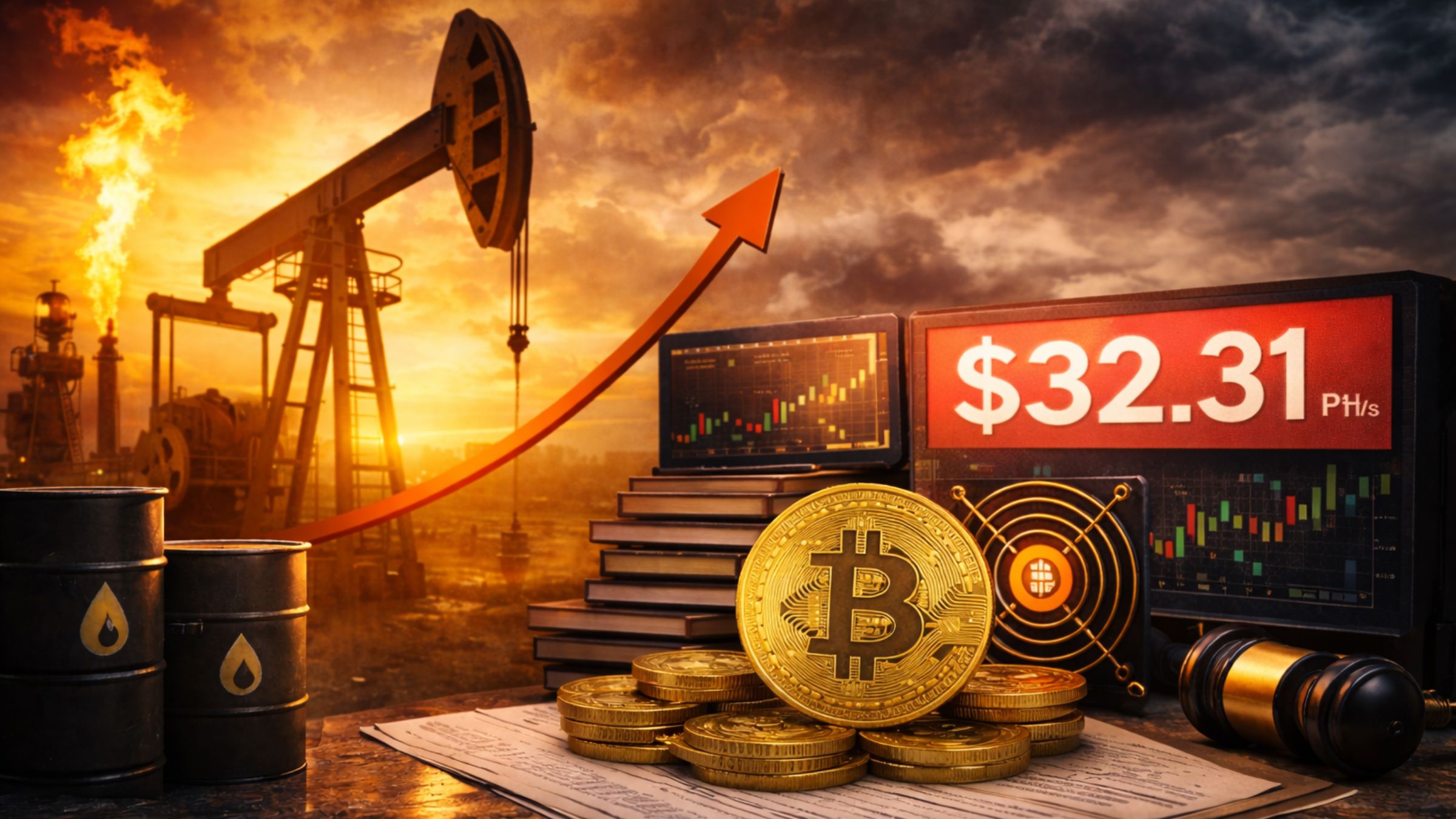 Oil pumpjack and flare beside Bitcoin mining visuals, coins and a hashprice display illustrating how energy shocks affect miner revenue more than electricity costs.