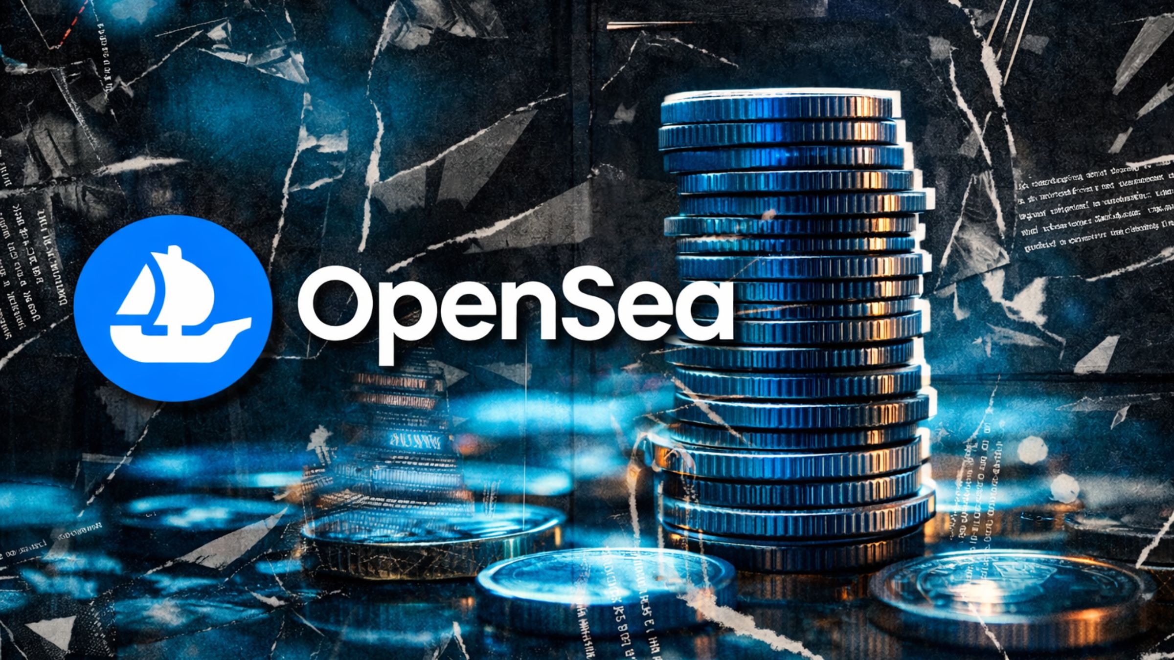 OpenSea logo and wordmark are beside a tall stack of blue-toned coins on a dark digital background with abstract texture.