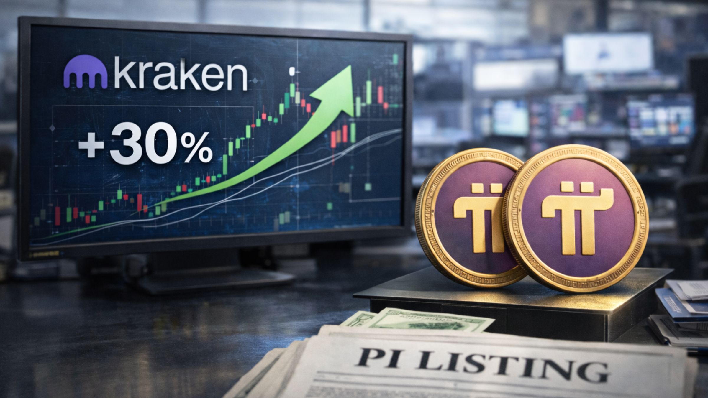 Pi Network tokens displayed on a desk in front of a trading monitor showing the Kraken logo and a 30 percent price increase chart.