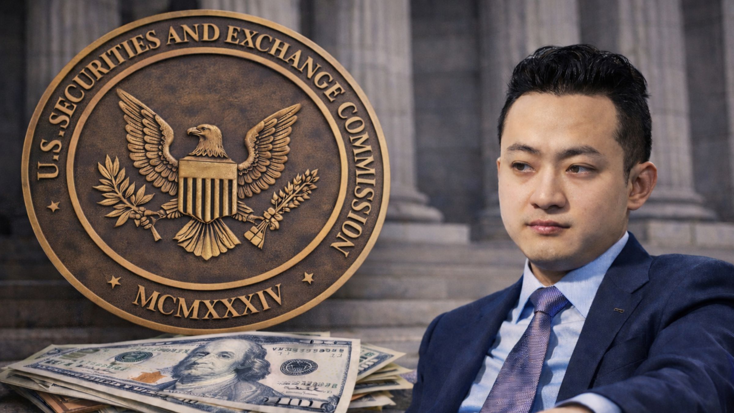Justin Sun seated in front of a courthouse backdrop with an SEC seal and U.S. dollar bills, illustrating an SEC enforcement case moving toward a potential settlement