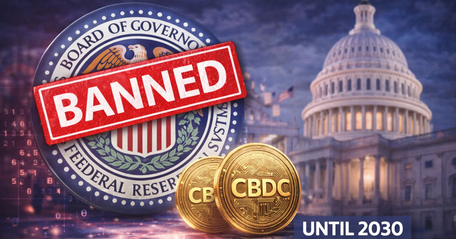 U.S. Capitol backdrop with a Federal Reserve seal and symbolic “CBDC” coins, illustrating a legislative move to block a Fed-issued digital dollar through 2030