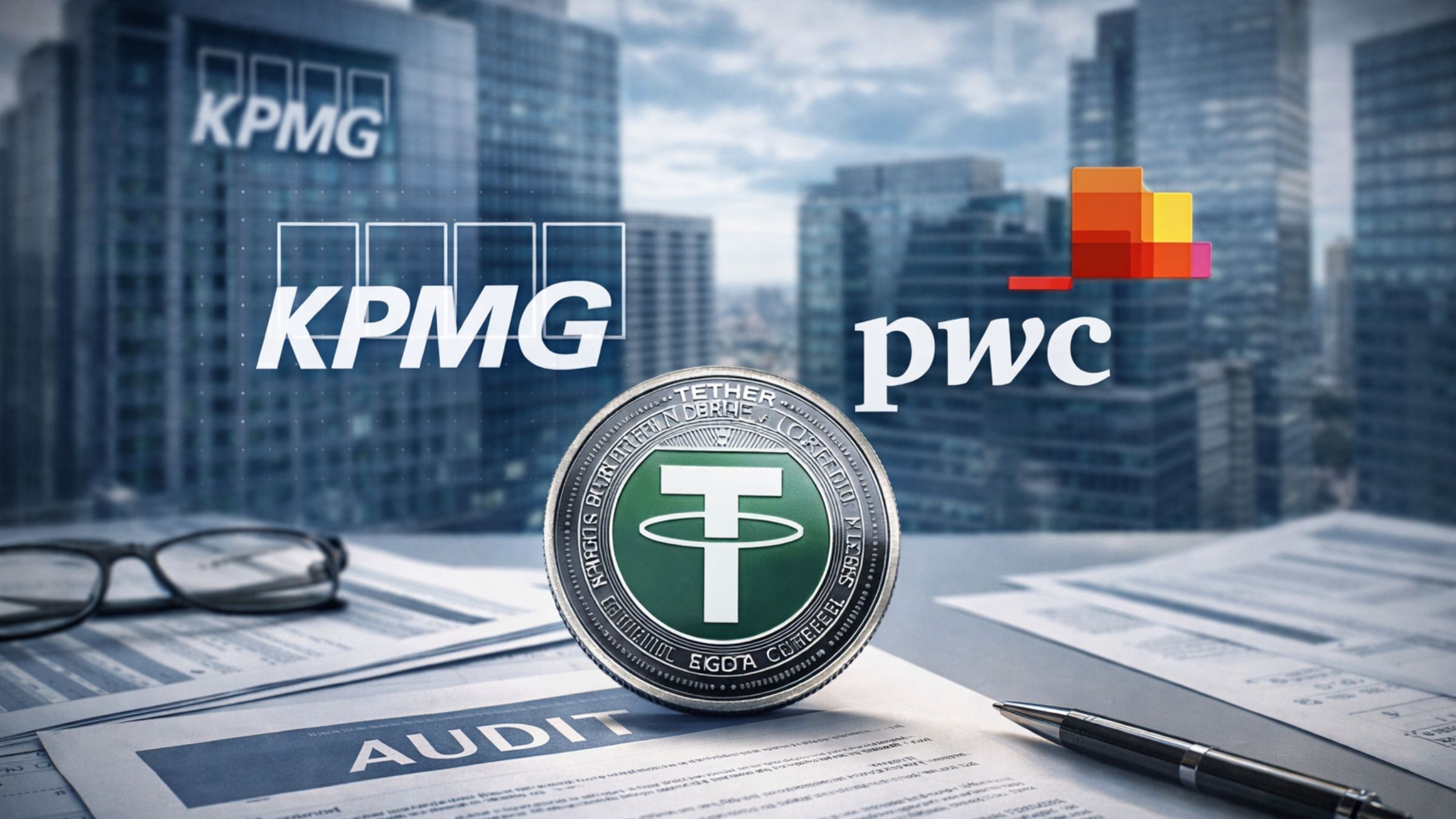 Tether coin placed on audit documents in an office setting, illustrating the company’s move toward a full financial audit with KPMG and PwC support.