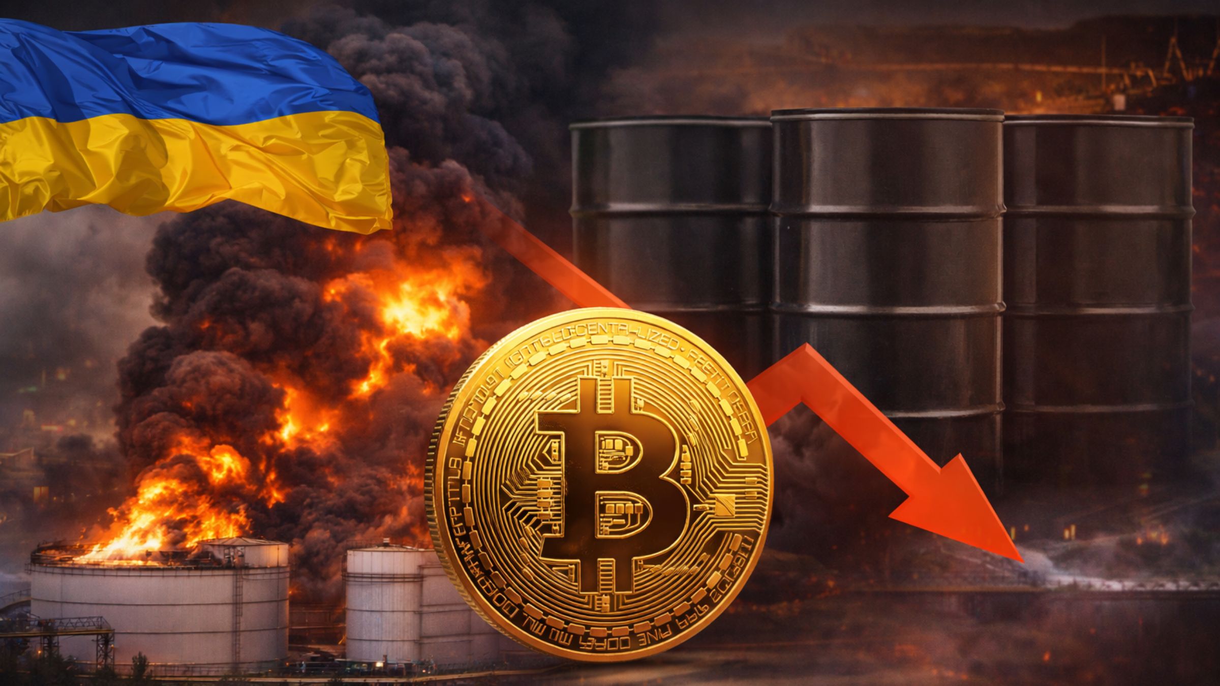 Burning oil storage tanks beside oil barrels, a Bitcoin coin, and a Ukrainian flag, illustrating supply disruption and pressure on Bitcoin.