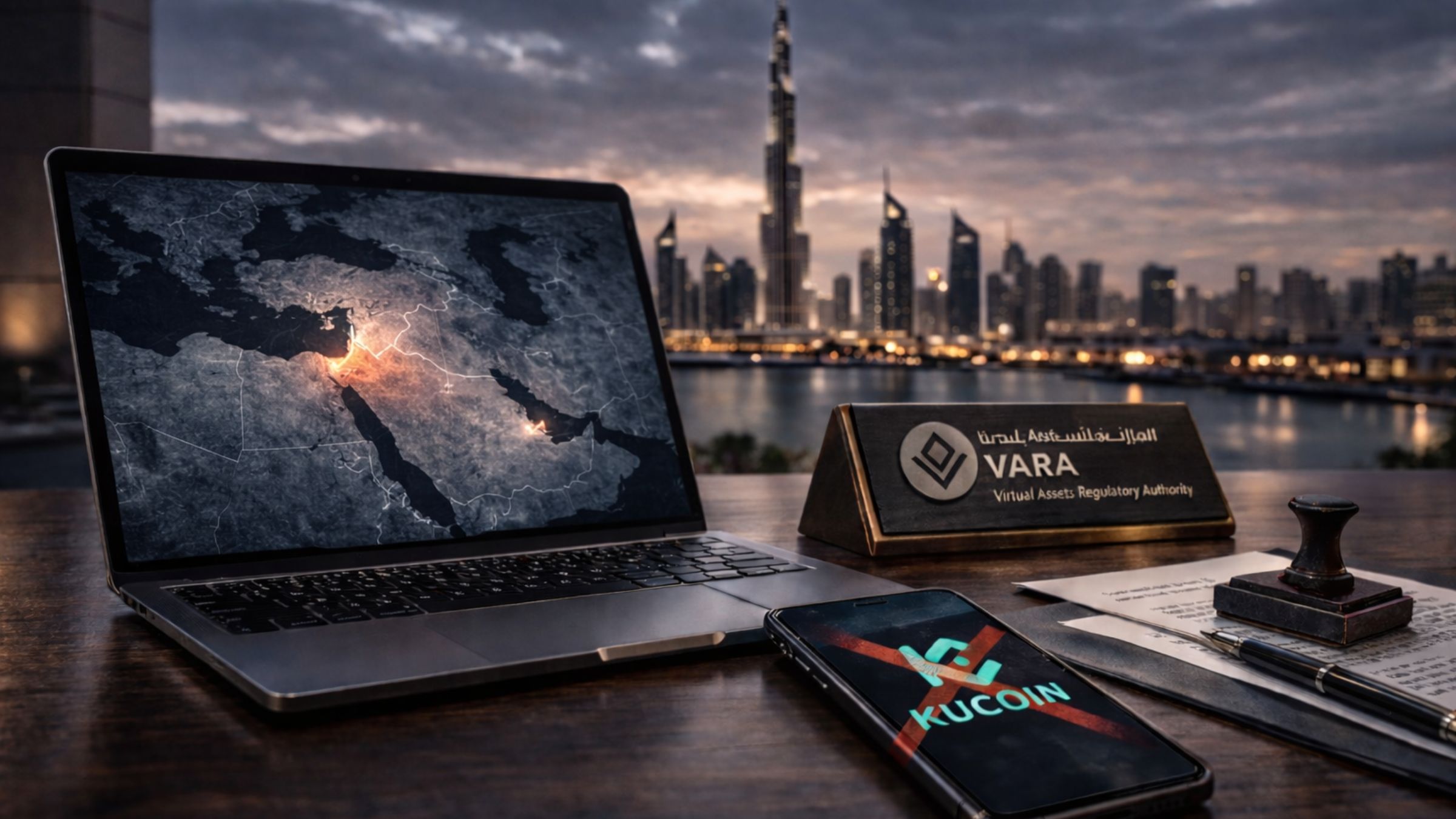Editorial desk scene overlooking the Dubai skyline with the UAE highlighted on a laptop map, a VARA nameplate, and a phone showing KuCoin, illustrating a regulatory warning over unlicensed crypto services