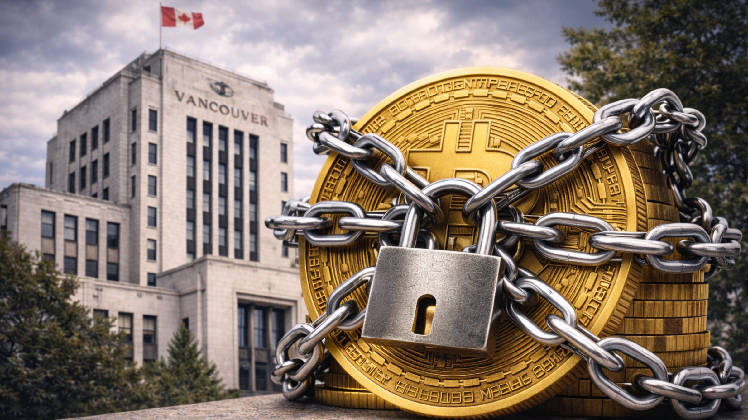Vancouver City Hall with a single Canadian flag above the building and a Bitcoin token wrapped in chains and a padlock in the foreground, symbolizing restrictions on municipal crypto reserves