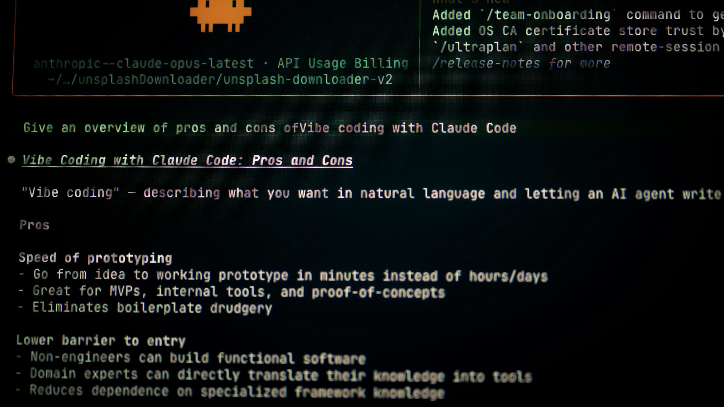 Computer screen displaying Claude Code terminal interface and text about pros and cons of vibe coding.