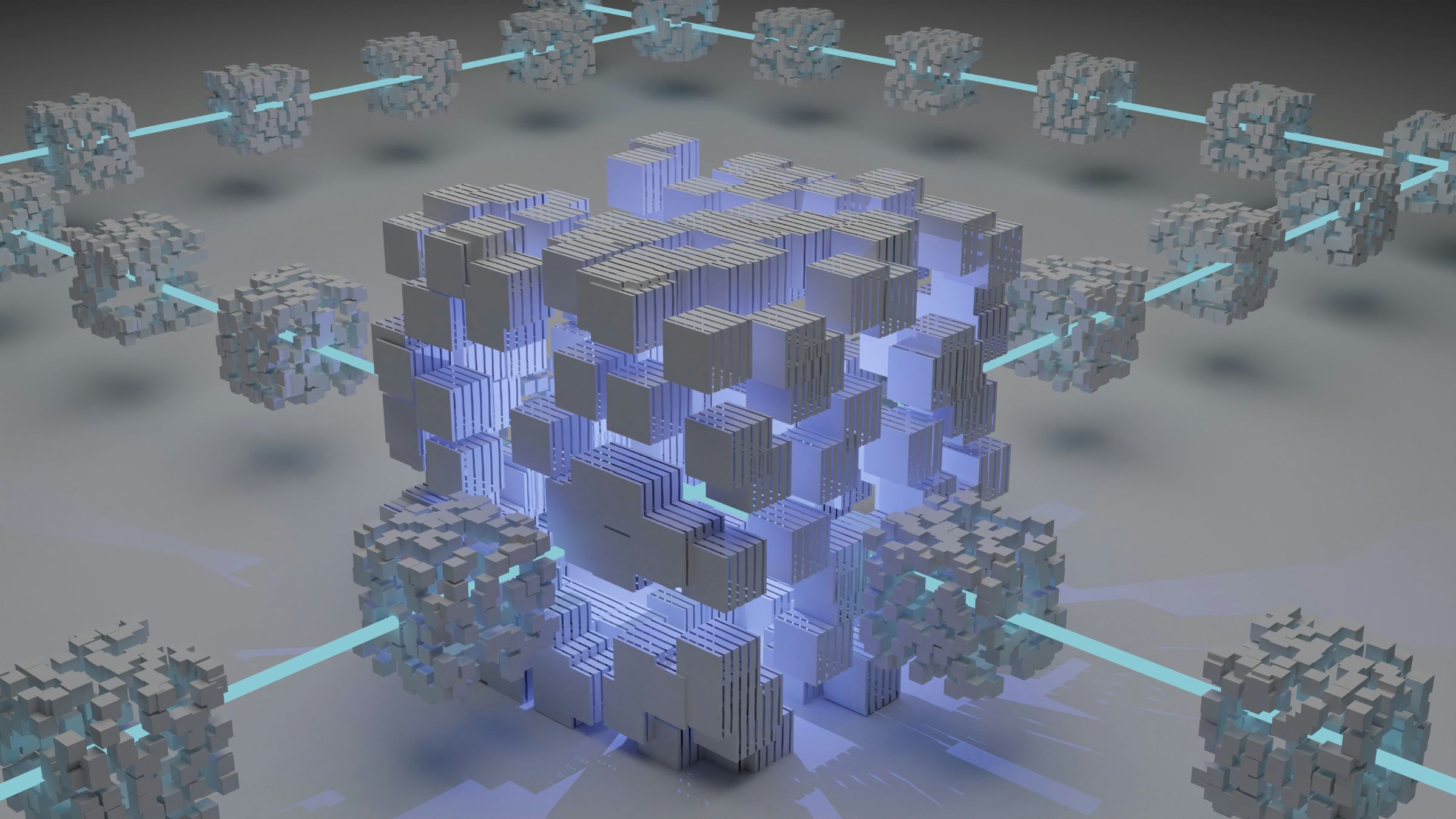 Abstract 3D cube structures linked by glowing lines in a digital network-style illustration.