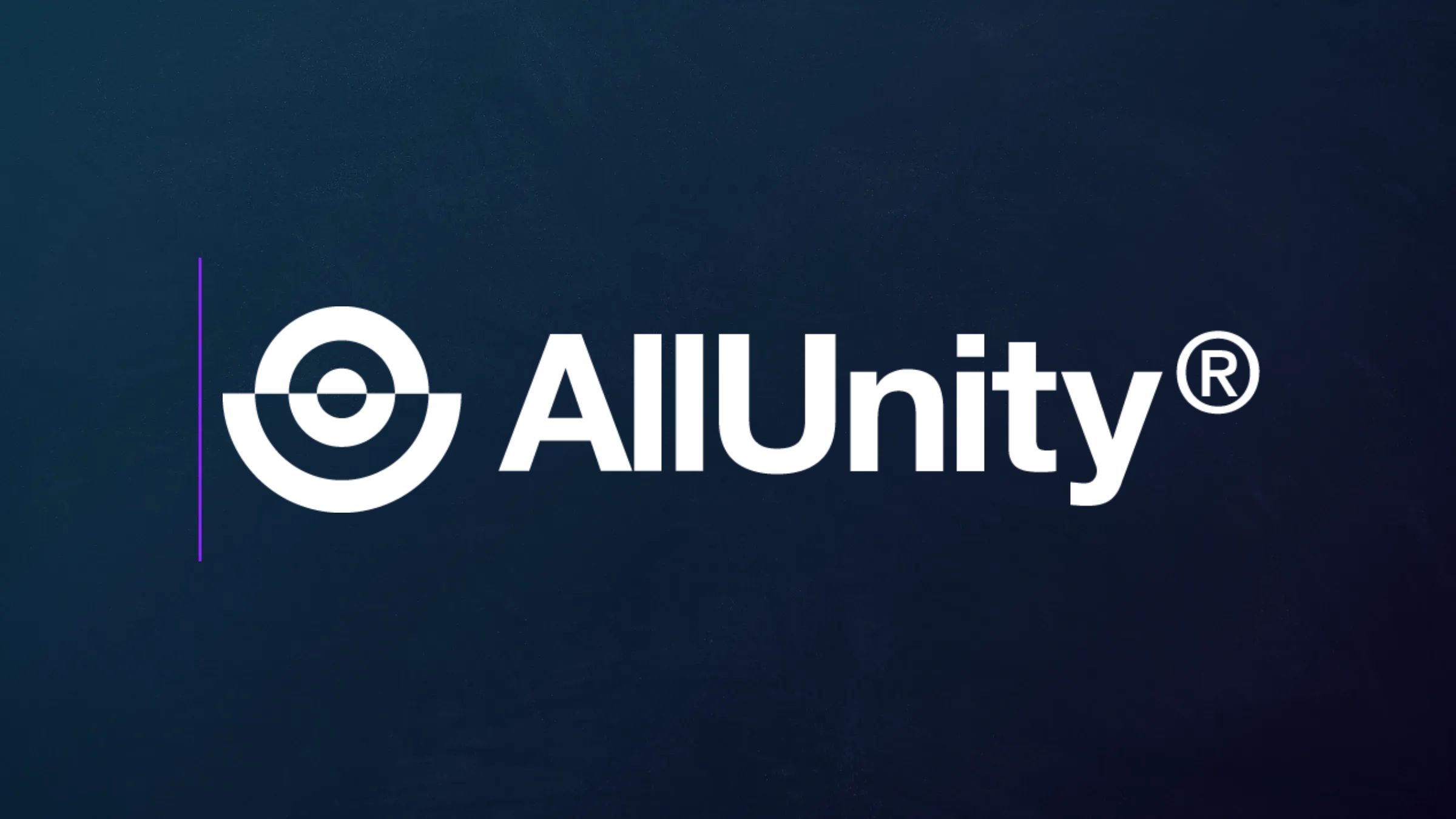 AllUnity logo in white on a dark blue background with a thin vertical purple line.