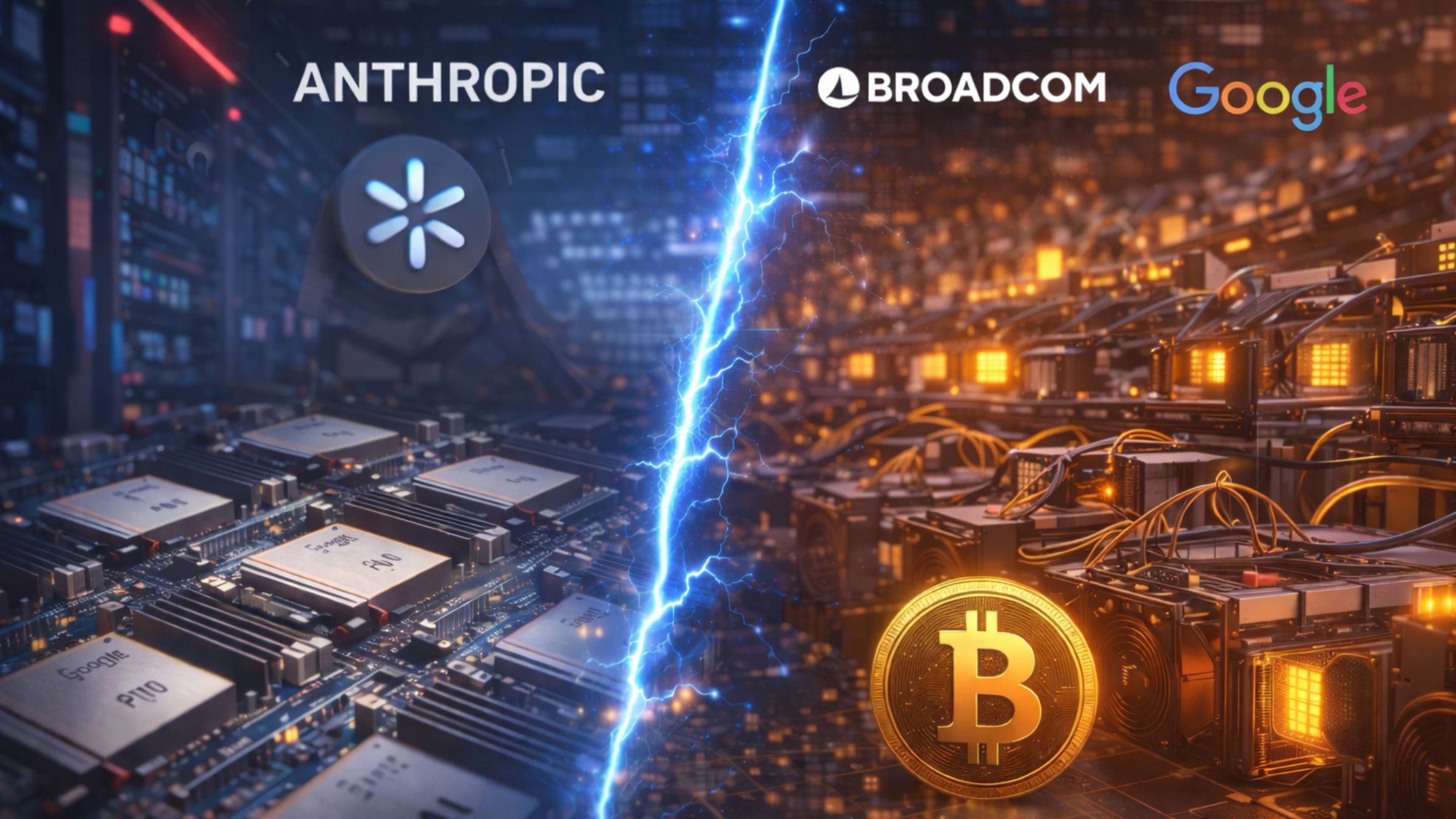 Anthropic, Broadcom, and Google logos above AI chips on one side and bitcoin mining rigs on the other, separated by a lightning bolt.