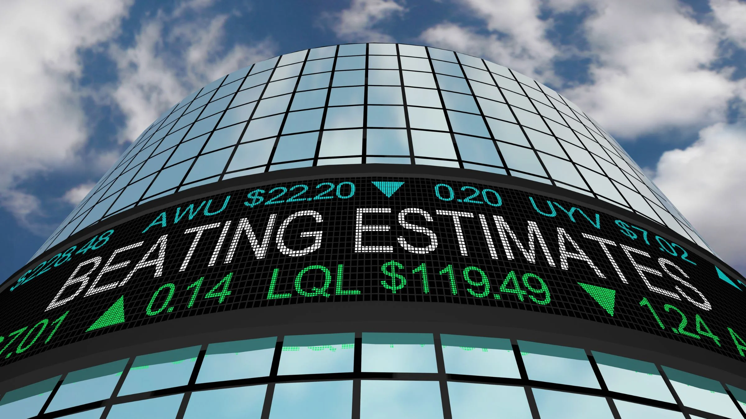 Curved glass office building with digital stock ticker displaying “BEATING ESTIMATES” and market figures.