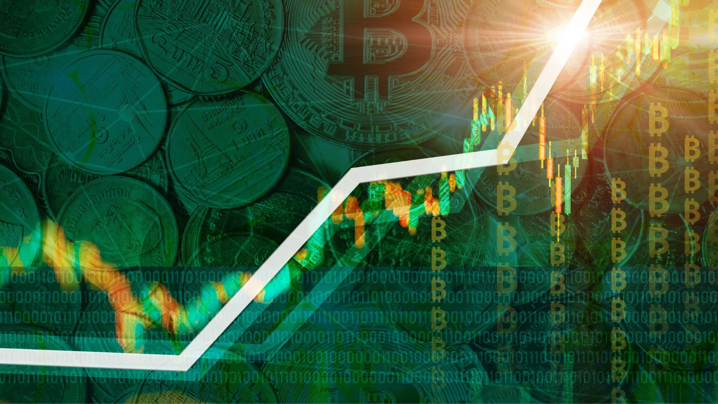 Composite graphic showing a Bitcoin symbol, coins, candlestick chart, and a rising arrow across the image.