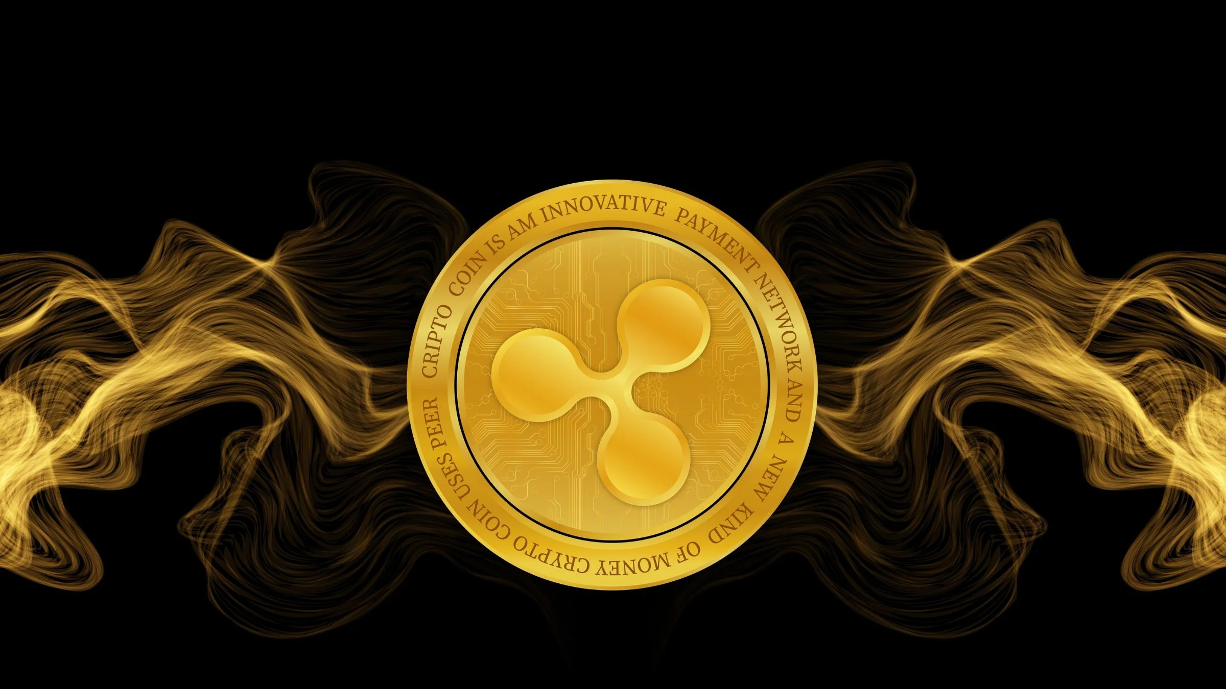 A gold XRP Ripple cryptocurrency coin surrounded by golden smoke waves on a black background