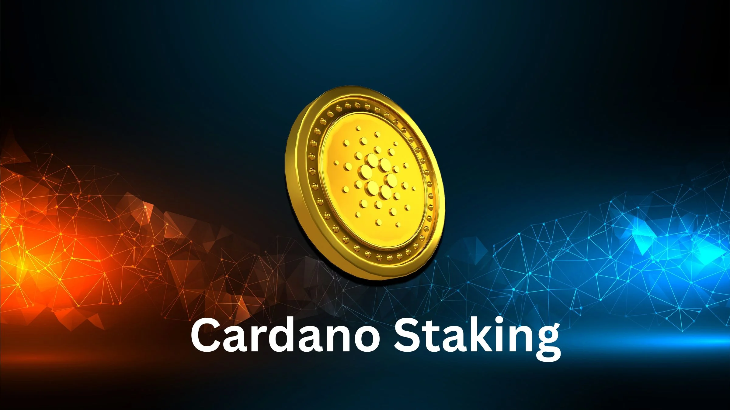 Gold Cardano coin on a dark background with the text "Cardano Staking"