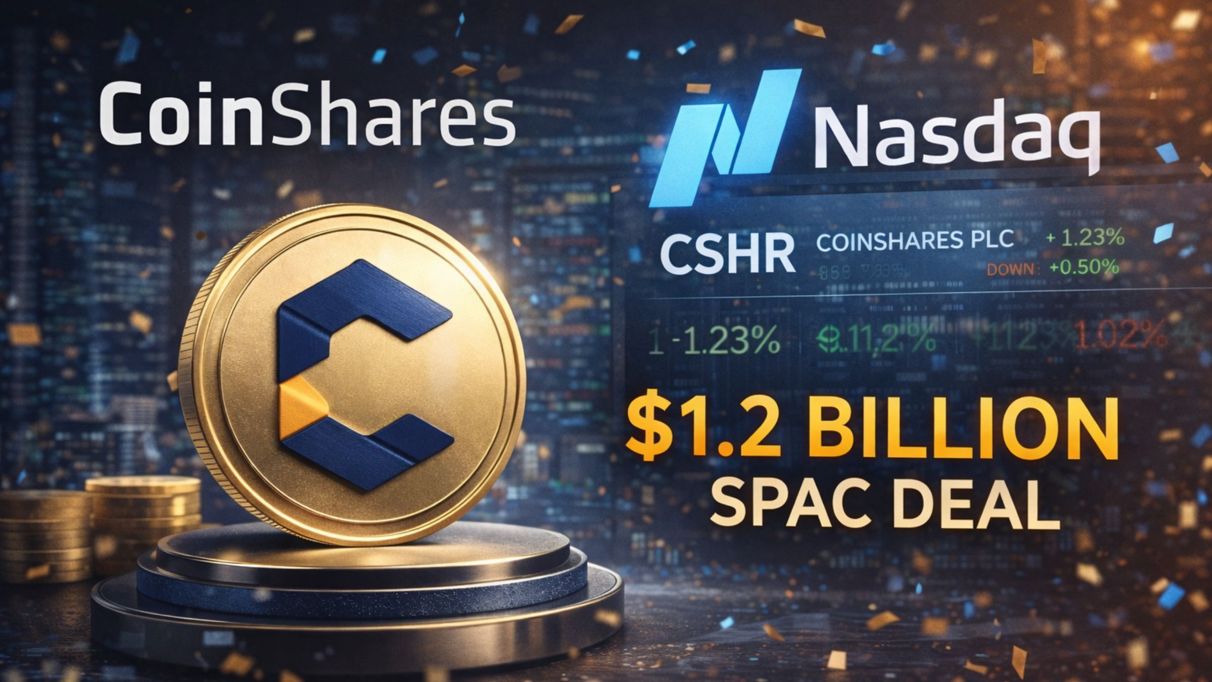 CoinShares logo displayed in a market-themed visual representing the company’s Nasdaq debut through a SPAC deal.