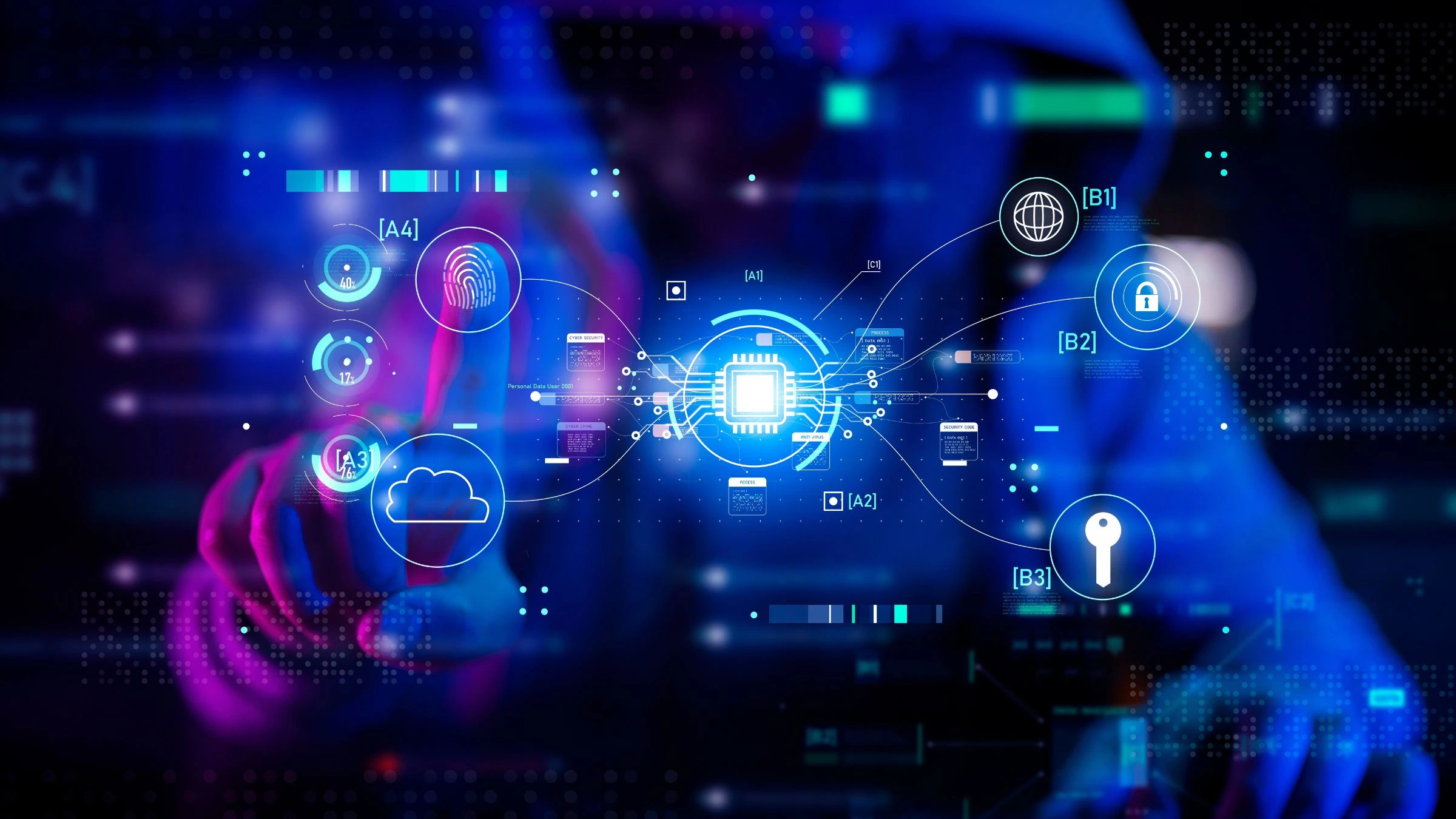 A hooded figure interacting with a futuristic holographic interface displaying cybersecurity icons including fingerprints, encryption keys, locks, cloud computing, and a central microchip on a dark blue background.