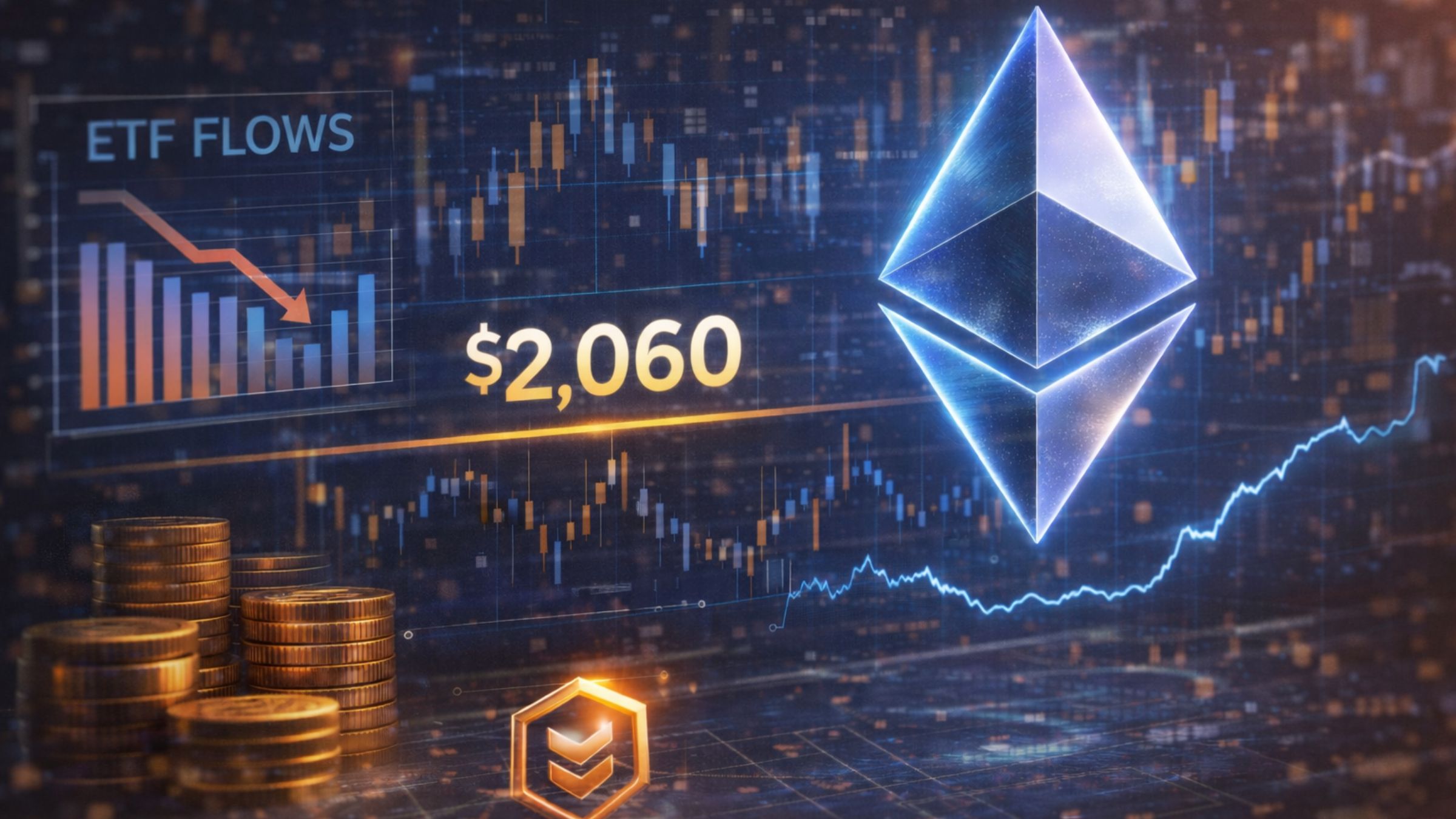 Ethereum logo beside market charts and an ETF flows graphic, illustrating ETH trading near $2,060 amid soft fund flows and cautious market sentiment.