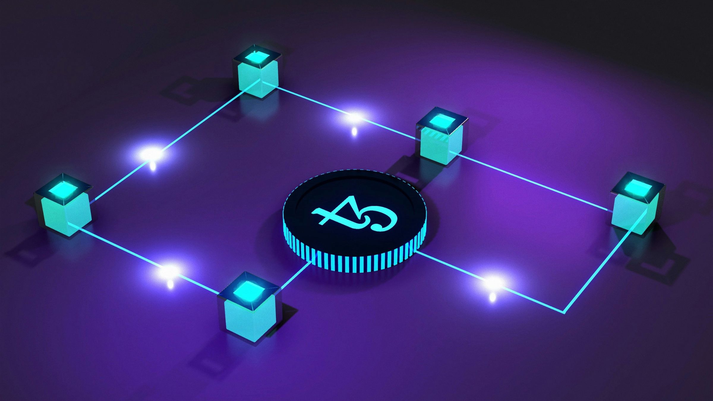 Glowing digital token linked to illuminated cubes by neon lines in a purple abstract network graphic.