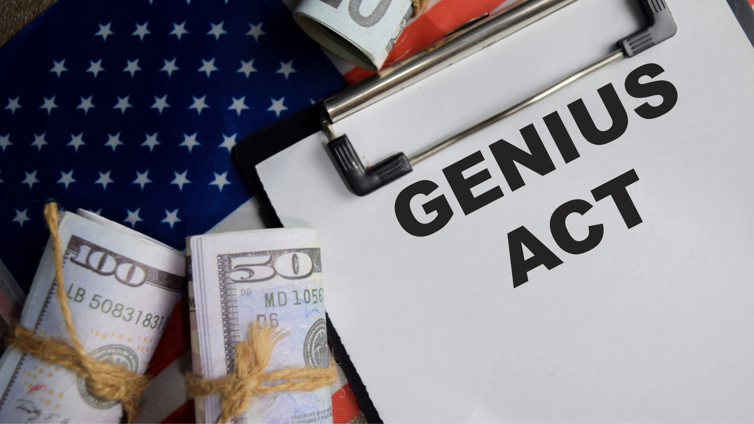 Clipboard with “GENIUS ACT” text placed over a U.S. flag and rolled dollar bills.