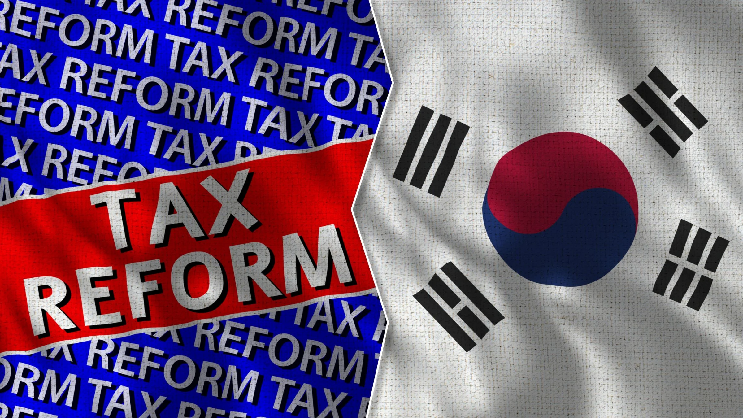 Tax reform text graphic beside the South Korean flag on a textured background.