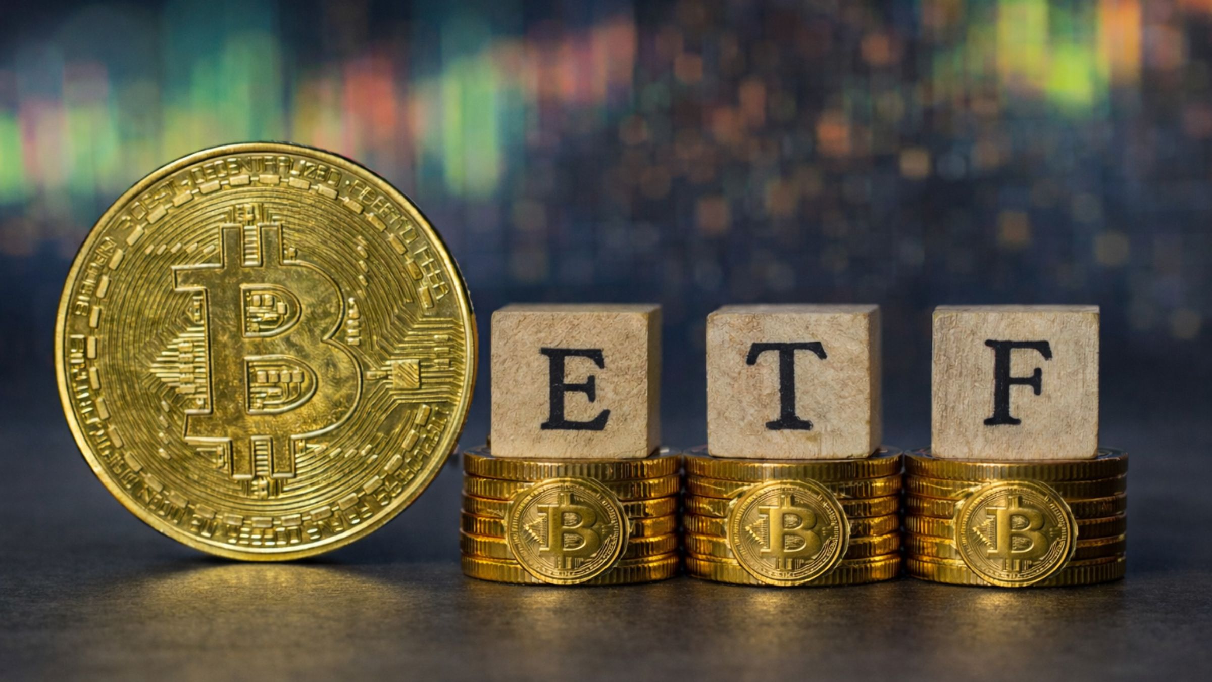 Large Bitcoin coin beside wooden ETF blocks resting on stacks of bitcoin coins against a blurred market chart background.
