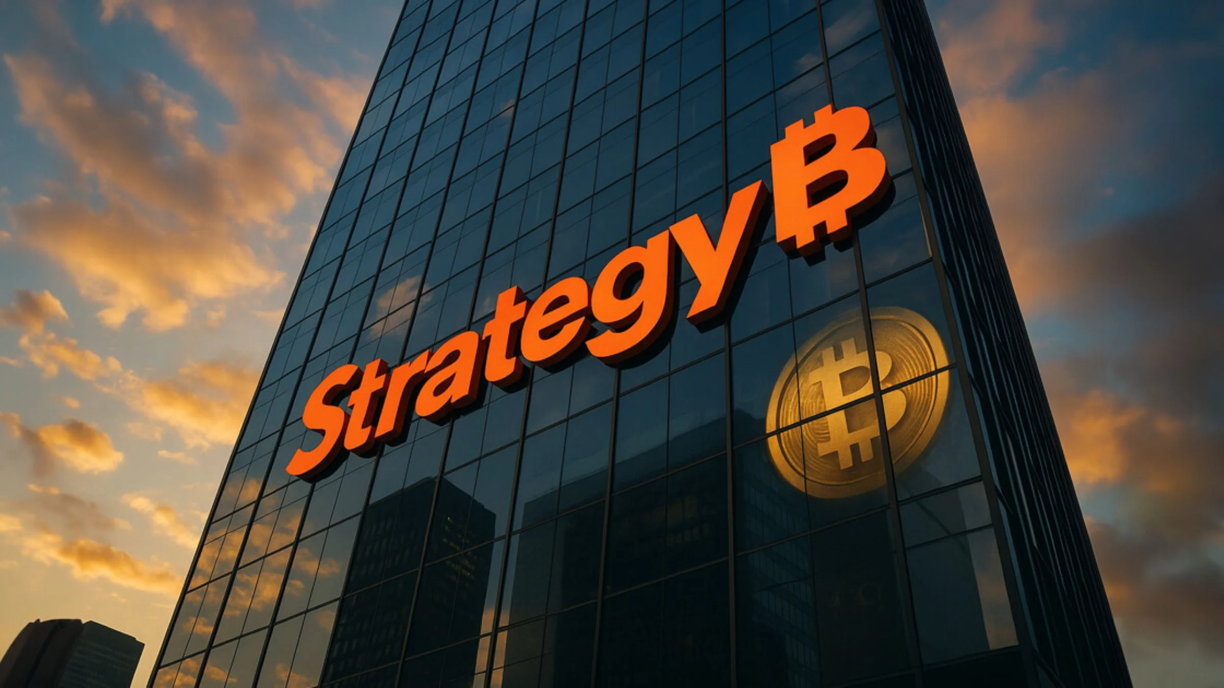 Image of Strategy logo and bitcoin coin on skyscraper building