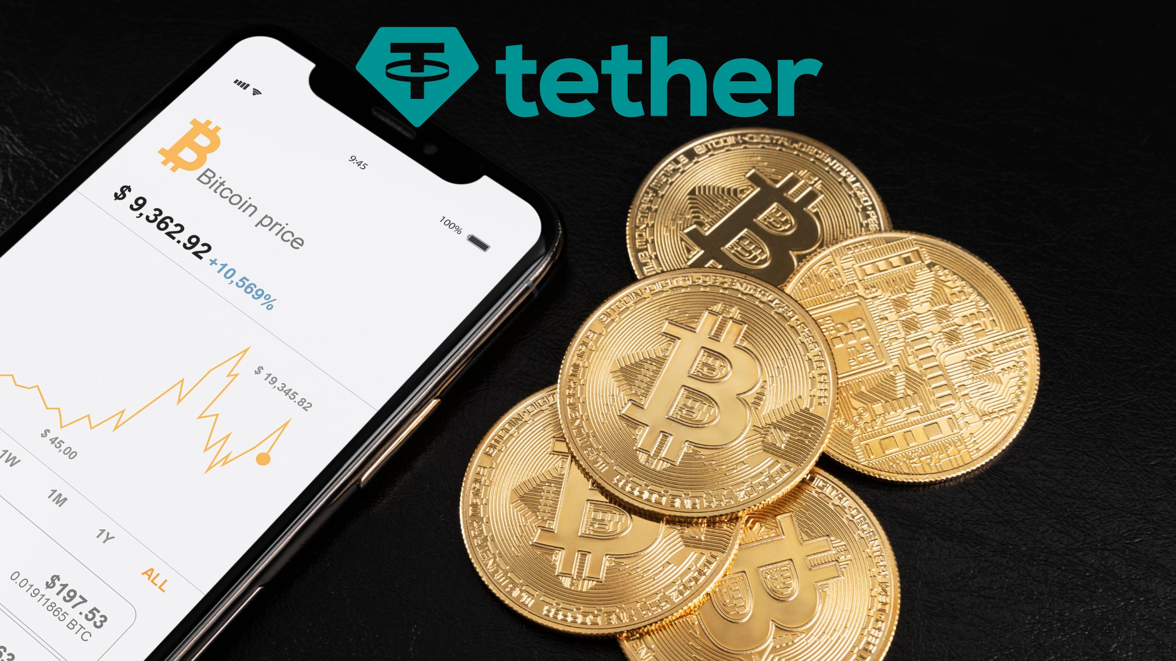 Smartphone showing a Bitcoin price screen next to physical bitcoin coins with the Tether logo above.