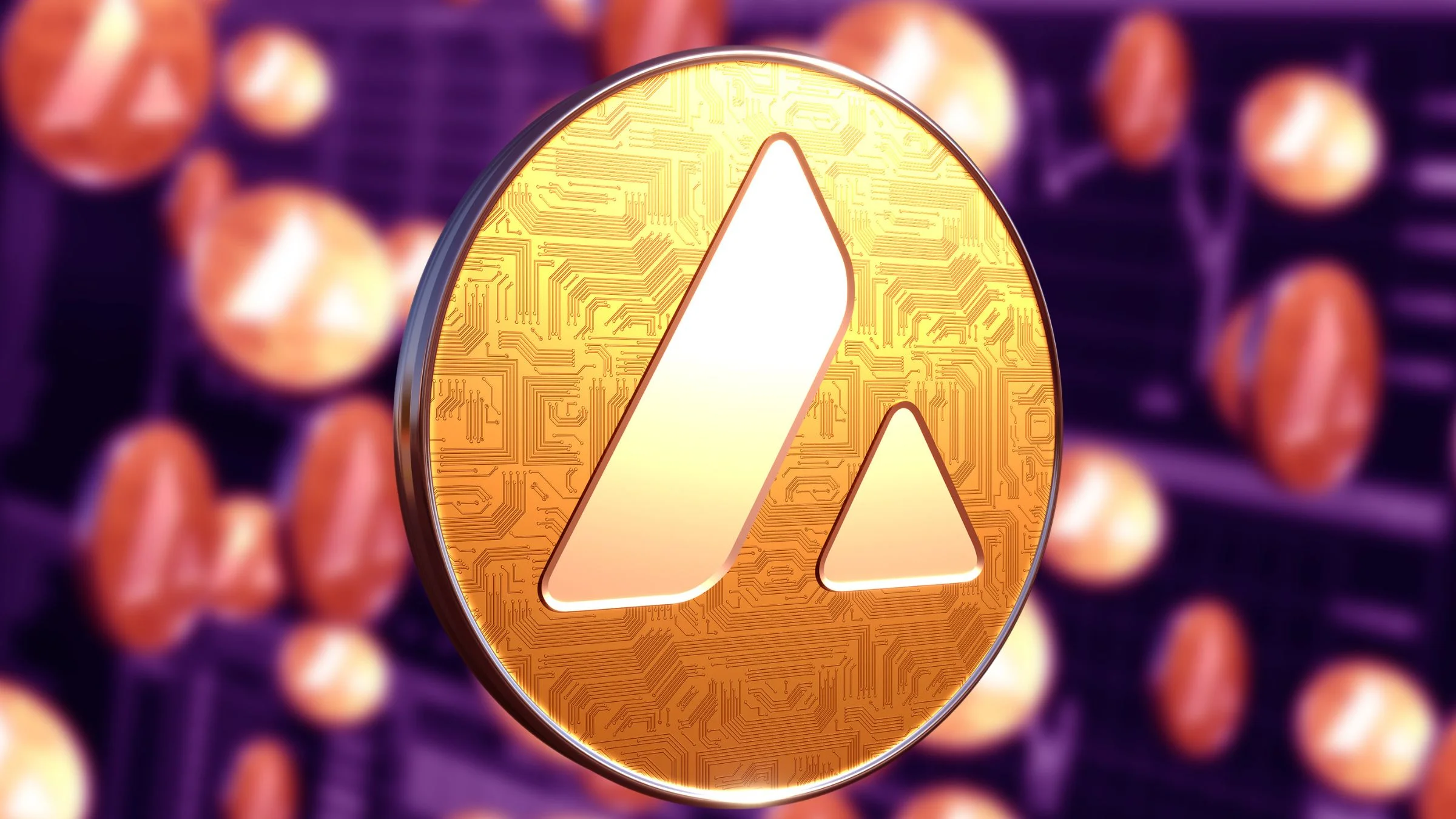 A 3D rendered gold Avalanche (AVAX) cryptocurrency coin with circuit board texture against a purple blurred background