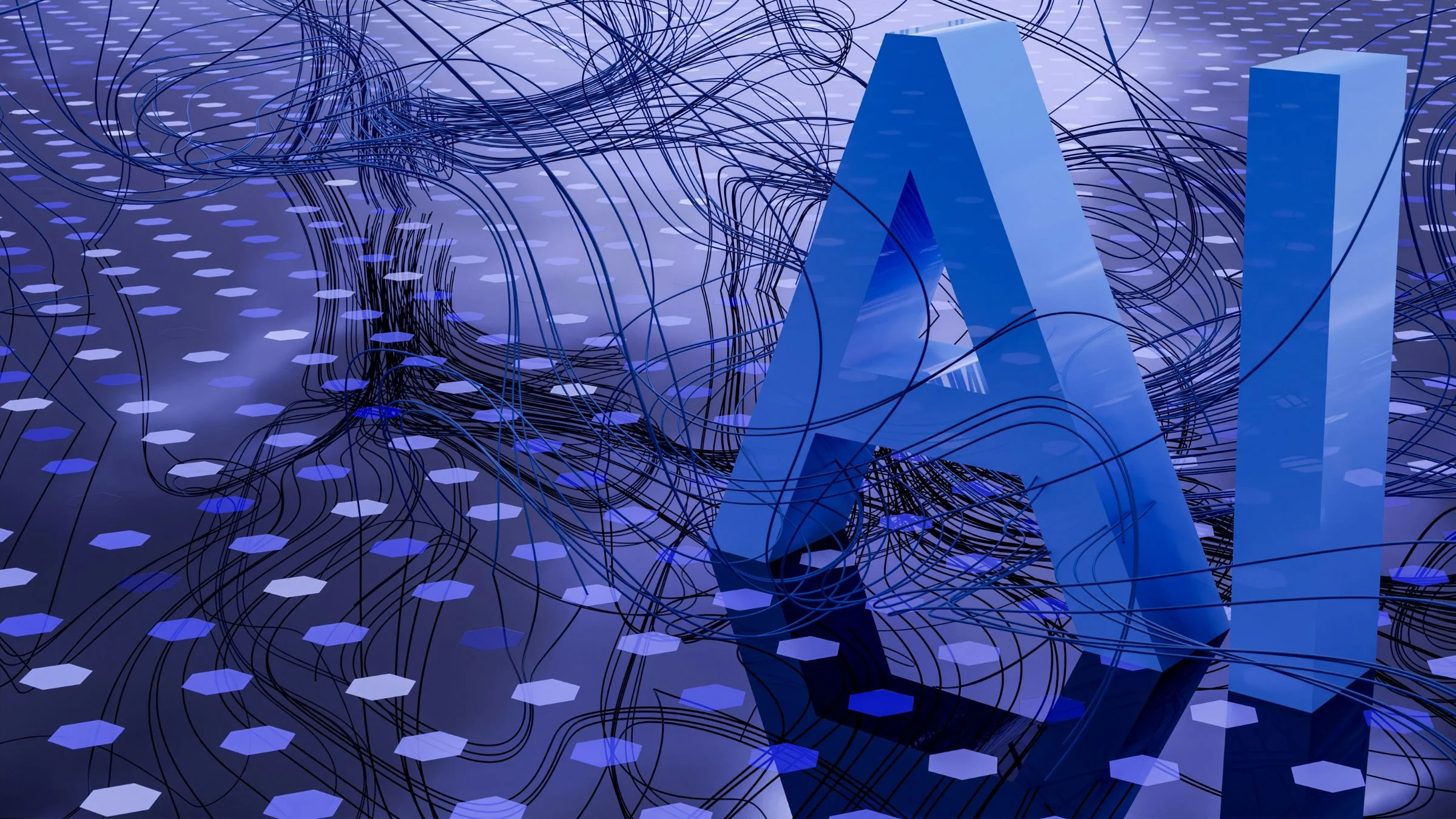 Blue 3D letters “AI” surrounded by flowing dark lines on a patterned digital-style background.